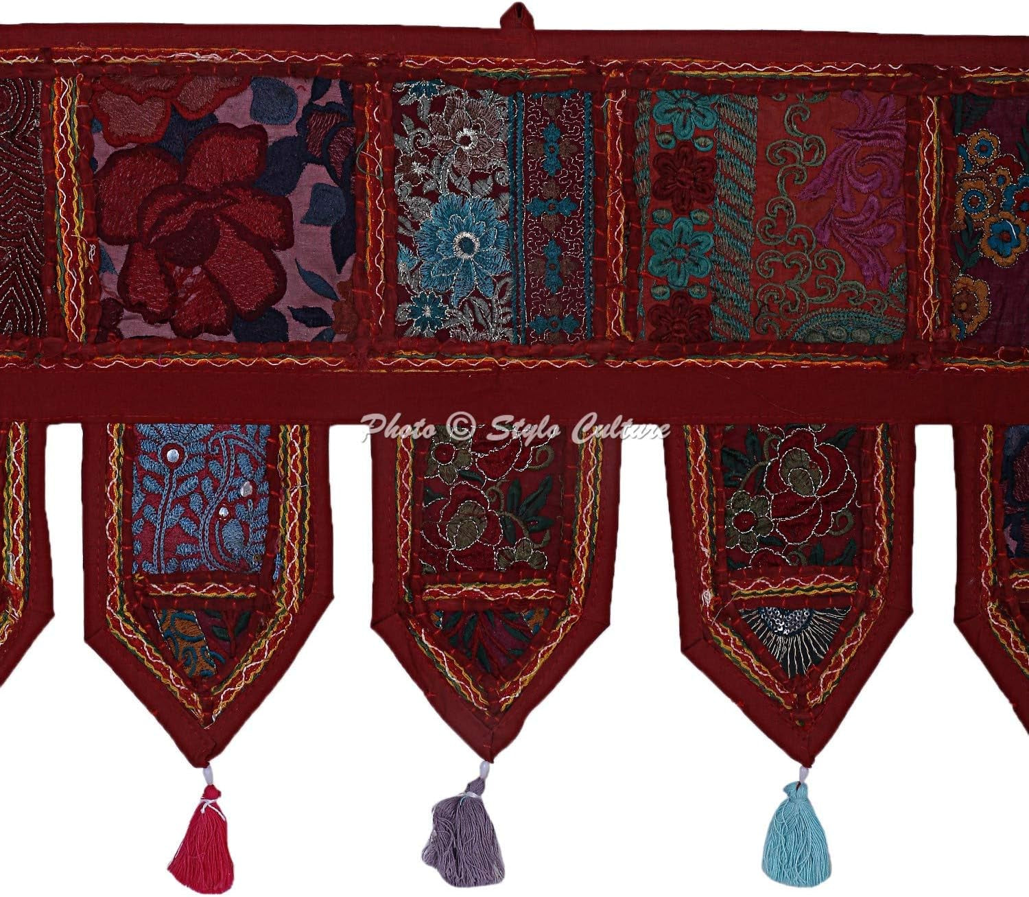 Ethnic Cotton Window Valance Kids Maroon Vintage Embroidered Patchwork Tassels Floral Scarf Curtain Topper Living Room Swag Curtain Door Hanging Toran | 38 X 14 Inches