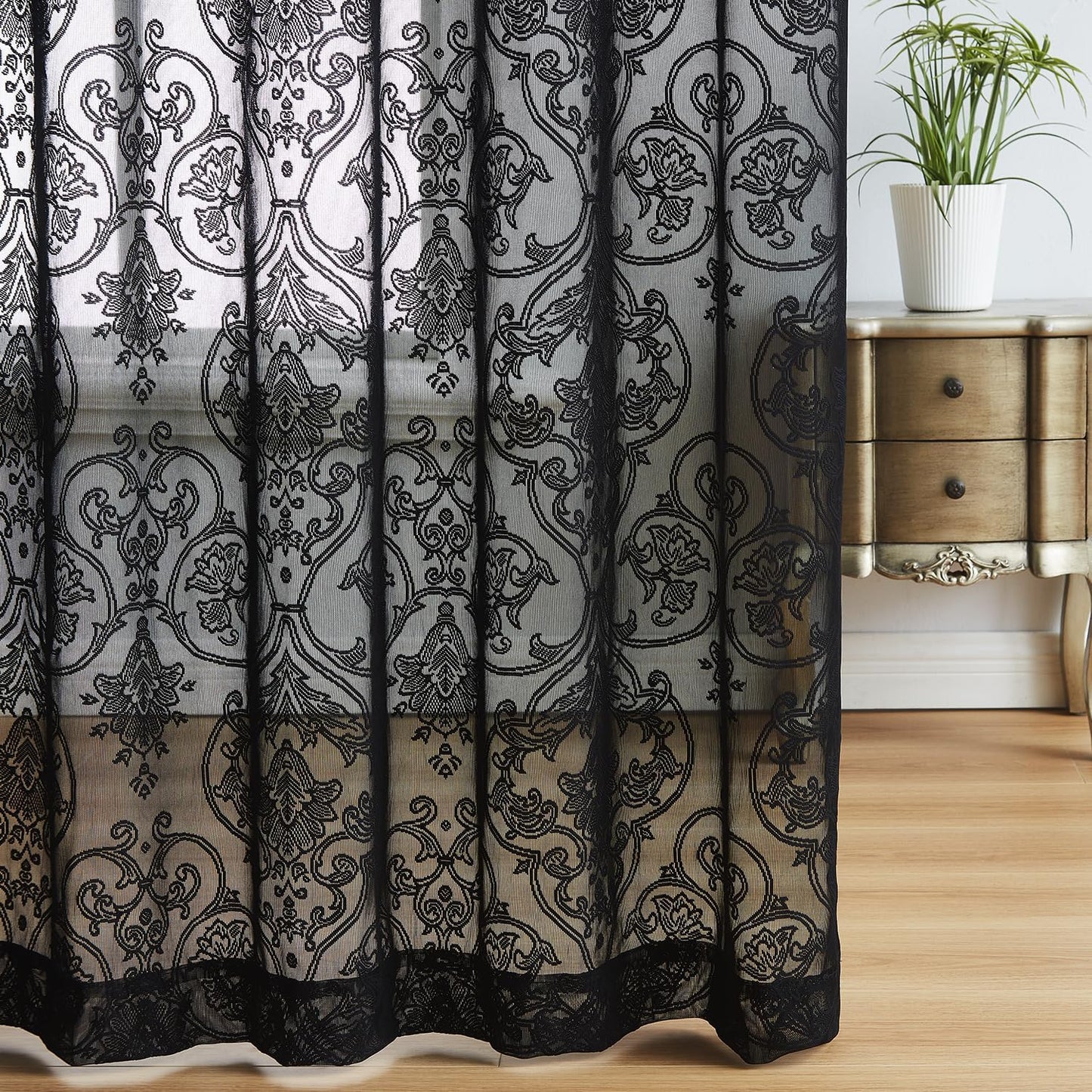 Treatmentex Black Sheer Lace Curtains for Bedroom Living Room Studio 84Inch Long Vintage Rose Floral Embroidered Semi Sheer Curtain Panels Privacy Leaf Sheer Drapes with Scalloped Edge 54" W 2Pcs 7Ft  Treatmentex Damask - Black 52"W X 95"L 2Pcs 
