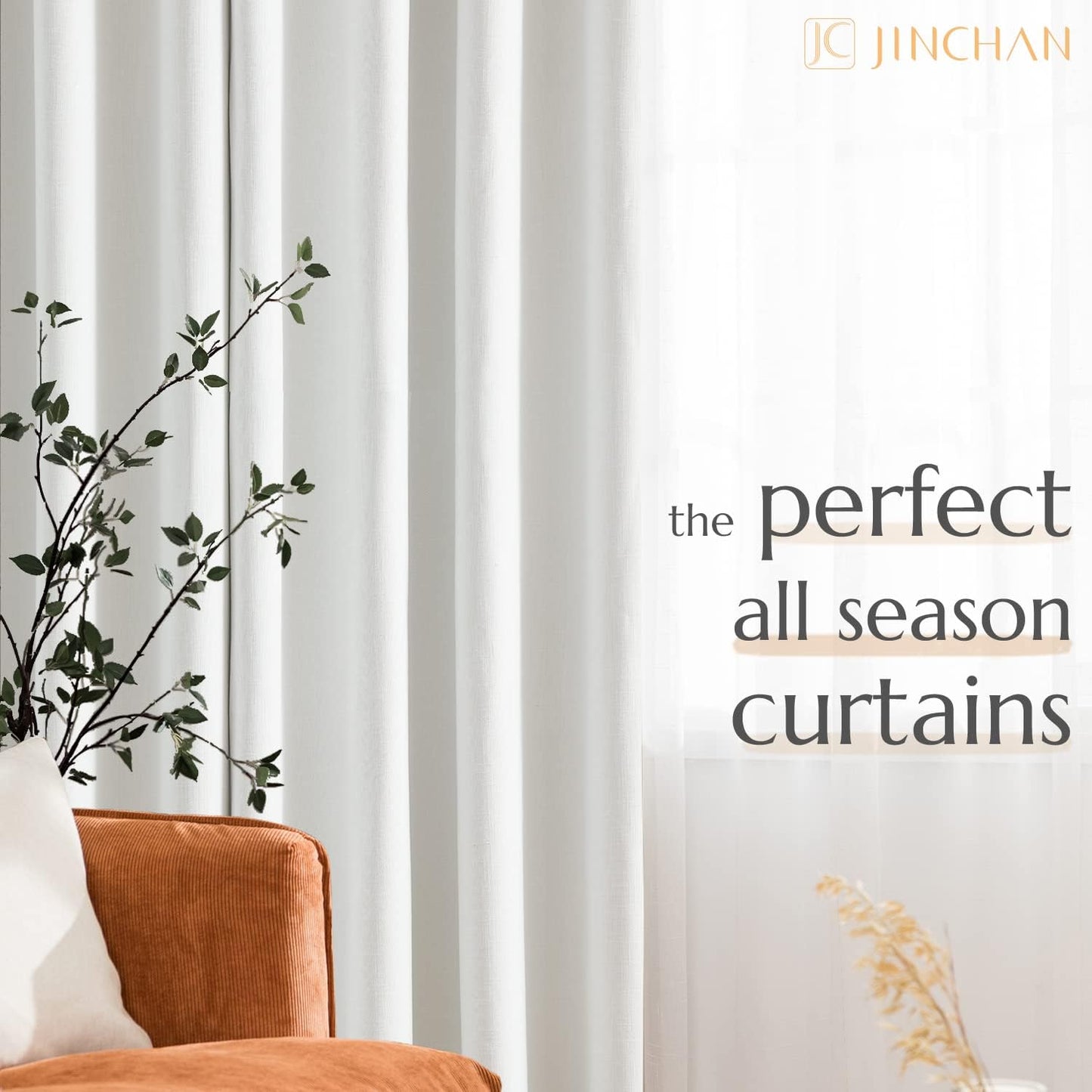 JINCHAN 100% Blackout Curtains for Bedroom, 90 Inch Length Linen Textured Drapes for Living Room, Thermal Insulated Full Light Blocking Curtains, Grommet Top Window Treatments 2 Panels Heathered White  CKNY HOME FASHION   