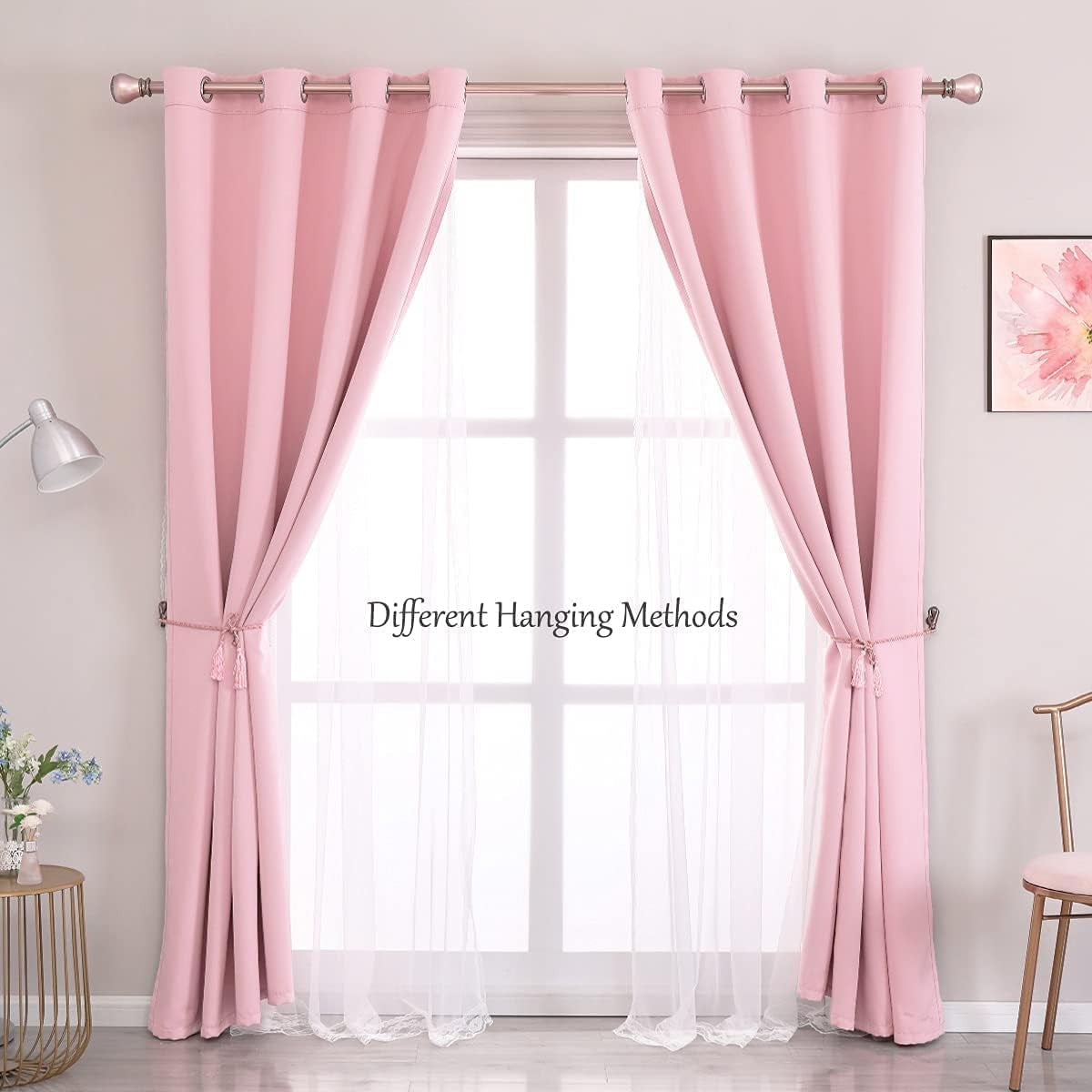 Pink Blackout Curtains 84 Inch Length - Double Layers Princess Girls Curtains & Draperies Panels for Kids Bedroom Living Room Nursery Pink Lace Hem Room Darkening Curtains, 2 Pcs  SOFJAGETQ   