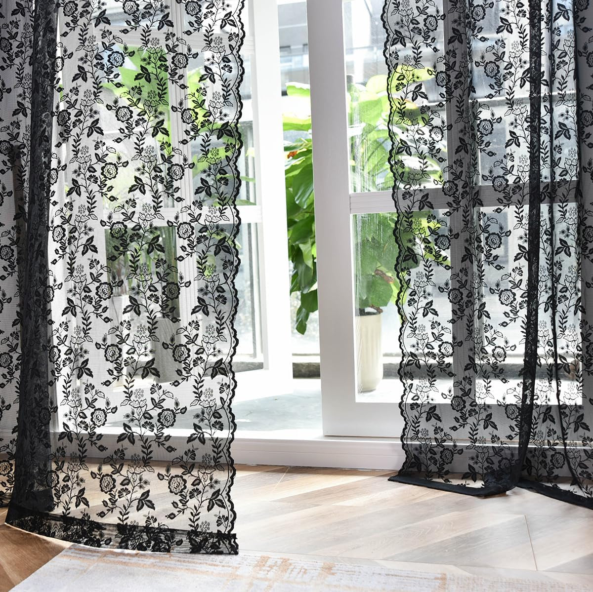 FINECITY Lace Curtains Country Rustic Floral Sheer Curtains for Living Room 72 Inch Length Drapes Vintage Floral Pattern Farmhouse Privacy Light Filtering Sheer Curtain 2 Panels, 52 X 72 Inch, Grey  Keyu Textile Black W52 X L63 Inch 