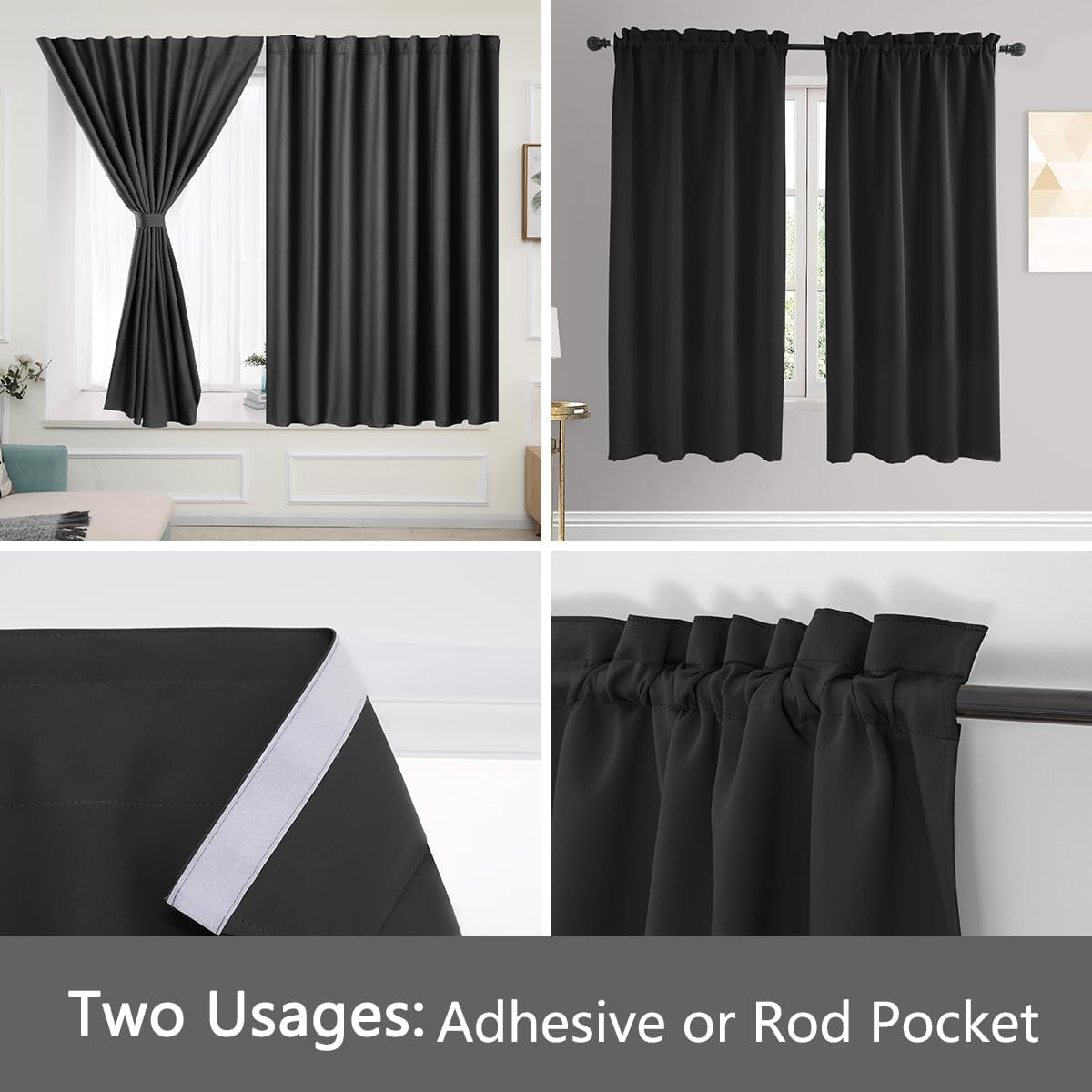 Muamar 2Pcs Blackout Curtains Privacy Curtains 63 Inch Length Window Curtains,Easy Install Thermal Insulated Window Shades,Stick Curtains No Rods, Black 42" W X 63" L  Muamar   