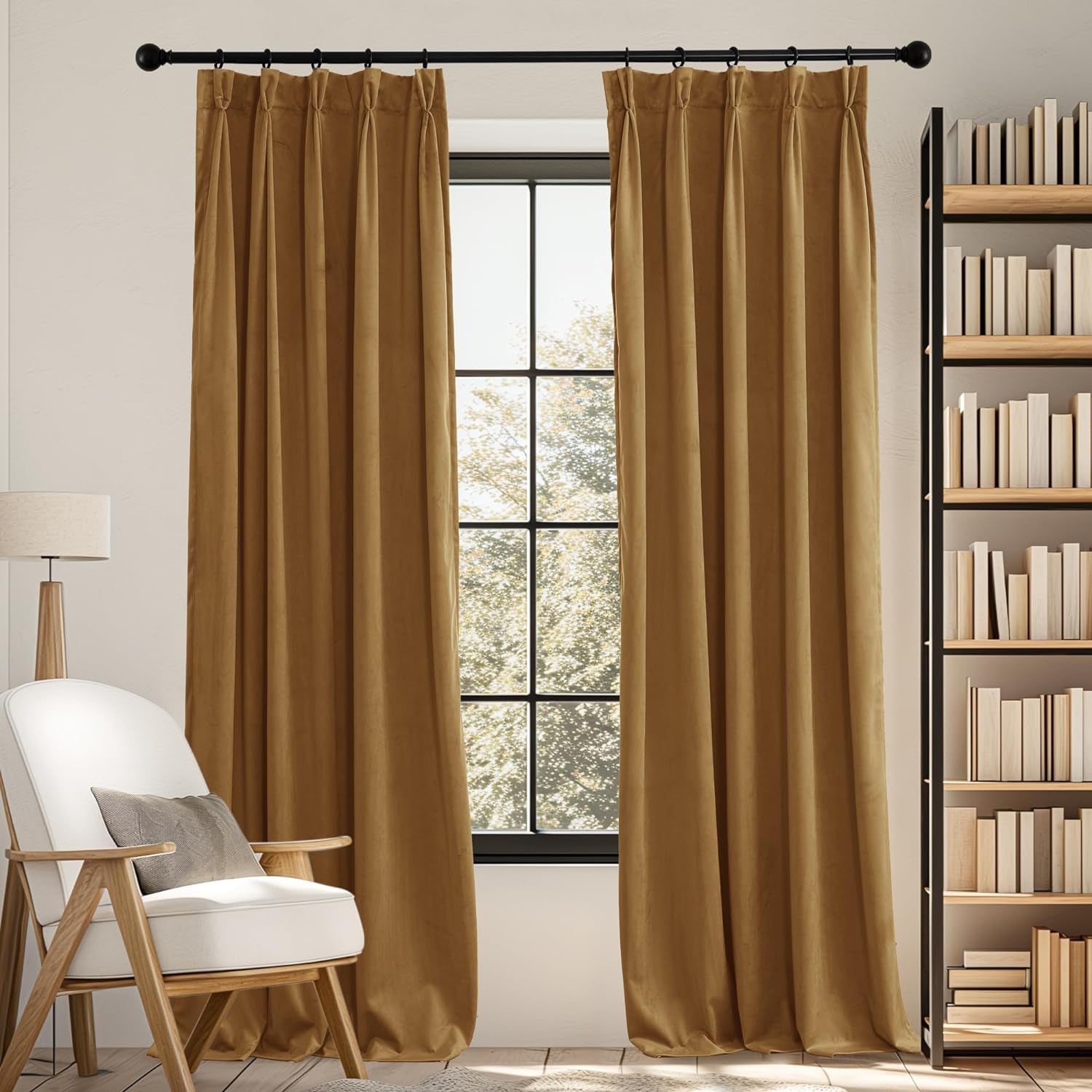 RYB HOME Pinch Pleated Velvet Curtains for Living Room, Blackout Thermal Insulated Noise Reducing Vintage Curtains for Dining Room Bedroom, Gold Brown, W34 X L84 Inches, 2 Panels  RYB HOME   