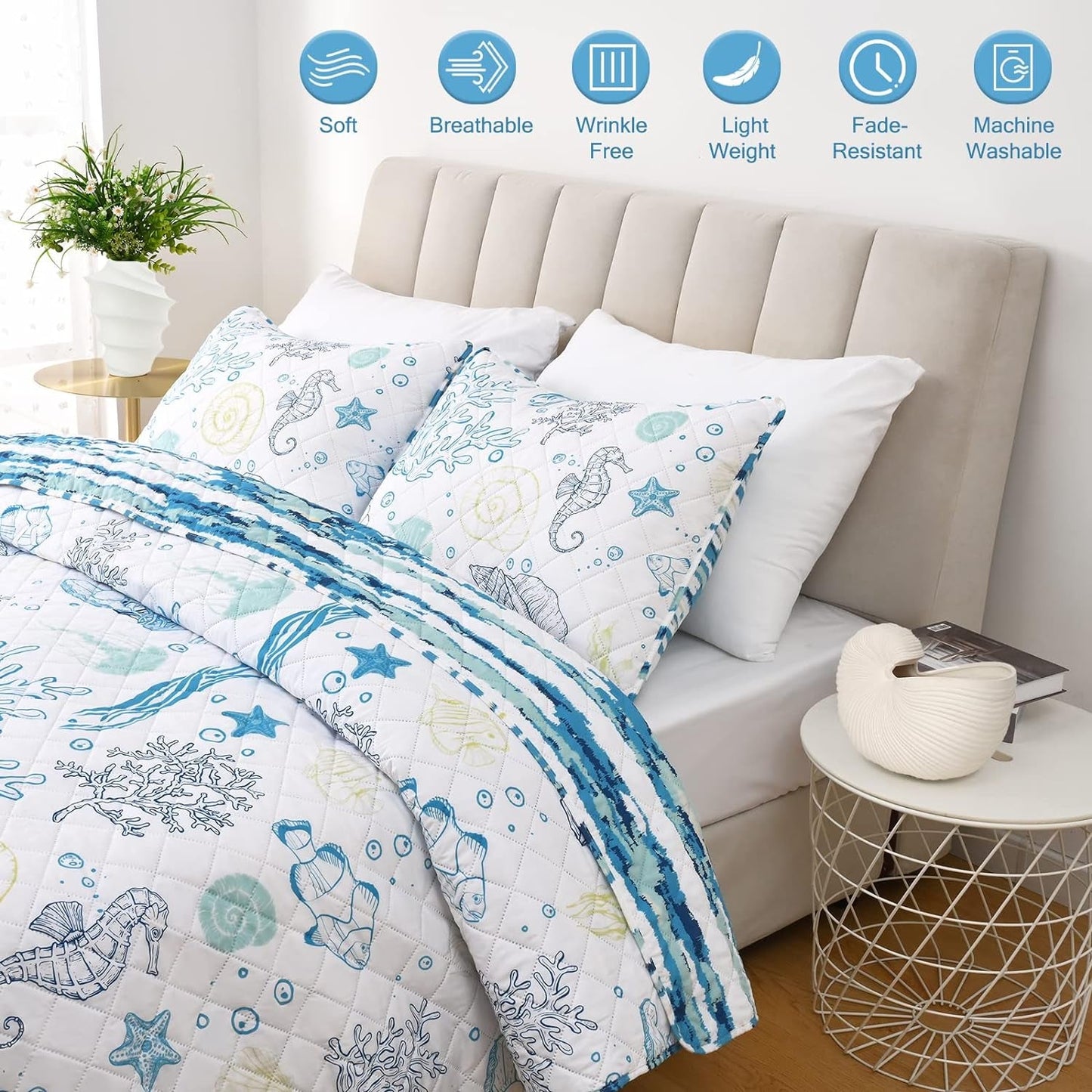 3 Pieces Reversible Quilts King Size Ocean Quilts Lightweight Beach Quilt Sets Beach Bedspread Coverlet Blue Coral Conch Seashell Coastal Bedding for All Season(1 Quilt, 2 Pillow Shams)