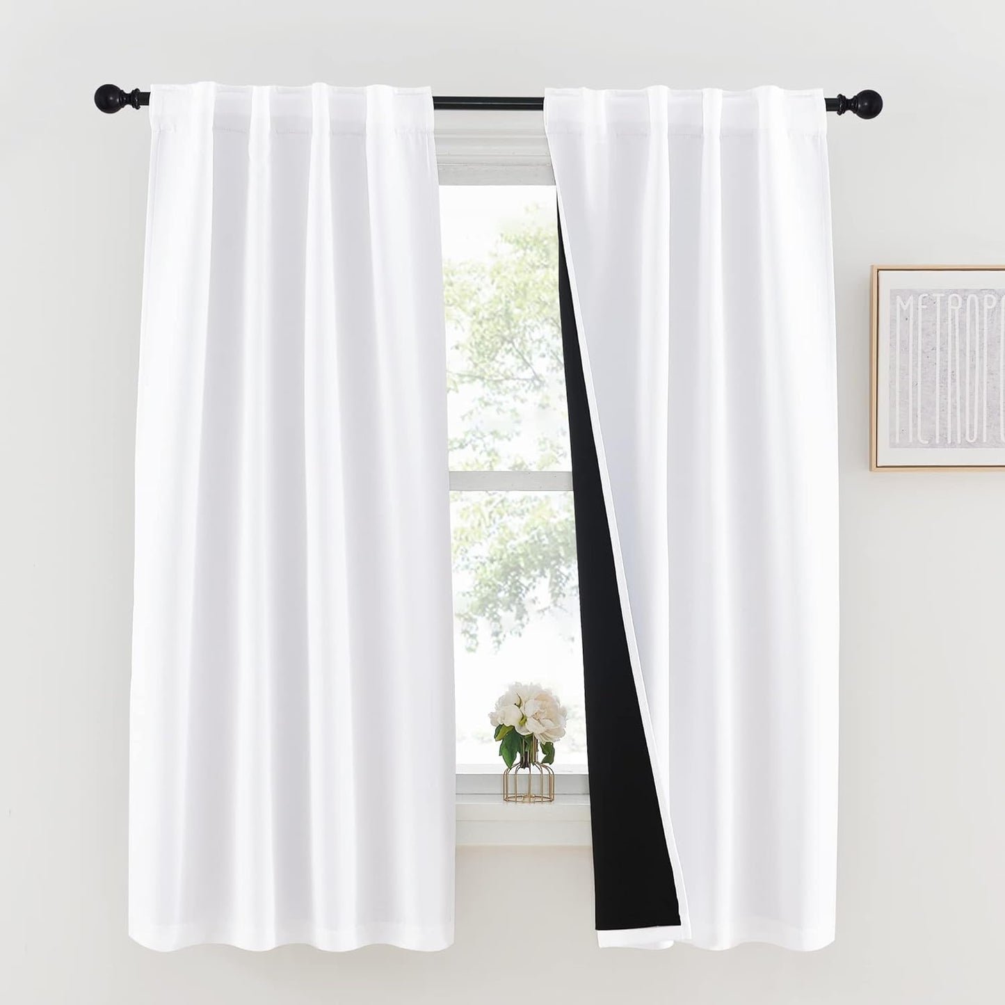 NICETOWN 100% Blackout Window Curtain Panels, Cold and Full Light Blocking Drapes with Black Liner for Nursery, 84 Inches Drop Thermal Insulated Draperies (Pure White, 2 Pieces, 52 Inches Wide)  NICETOWN Pure White W37 X L63 