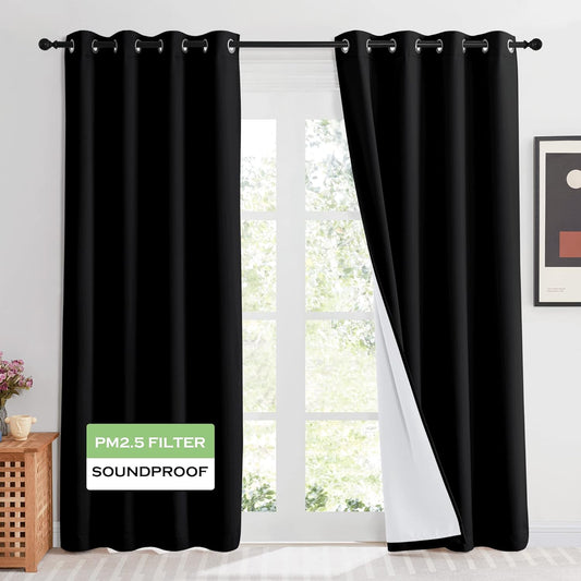 KGORGE 4-In-1 Soundproof anti Dust 100% Blackout Curtains with Melt-Blown Layer Noise Reducing Thermal Insulating Window Drapes for Bedroom Nursery, W 52 X L 84, Black, 2 Panels  KGORGE Black 52"W X 108"L 