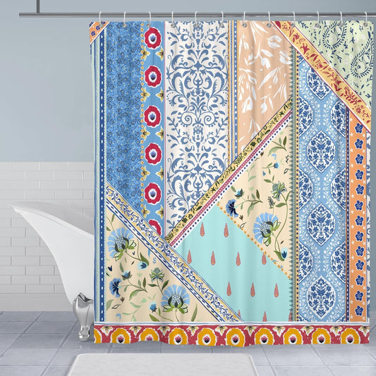 Boho Floral Shower Curtain for Bathroom,Patchwork Bohemian Retro Blue Colorful Flower Shower Curtain with Hooks,Polyester Fabric Shower Curtains Machine Washable Waterproof Bath Decor 72" X 72"