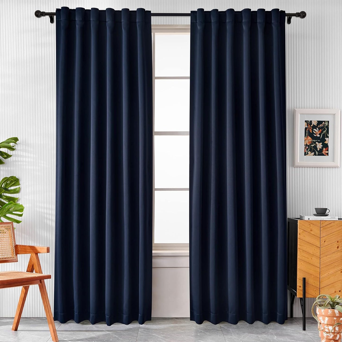 Pickluc Blackout Curtains 96 Inches Long 2 Panels, Black Out Drapes for Bedroom or Living Room, Back Tab and Rod Pocket Top, Set of Two, Dark Grey, 52" Wide and 96" Length.  Pickluc Navy 52"W X 84"L 