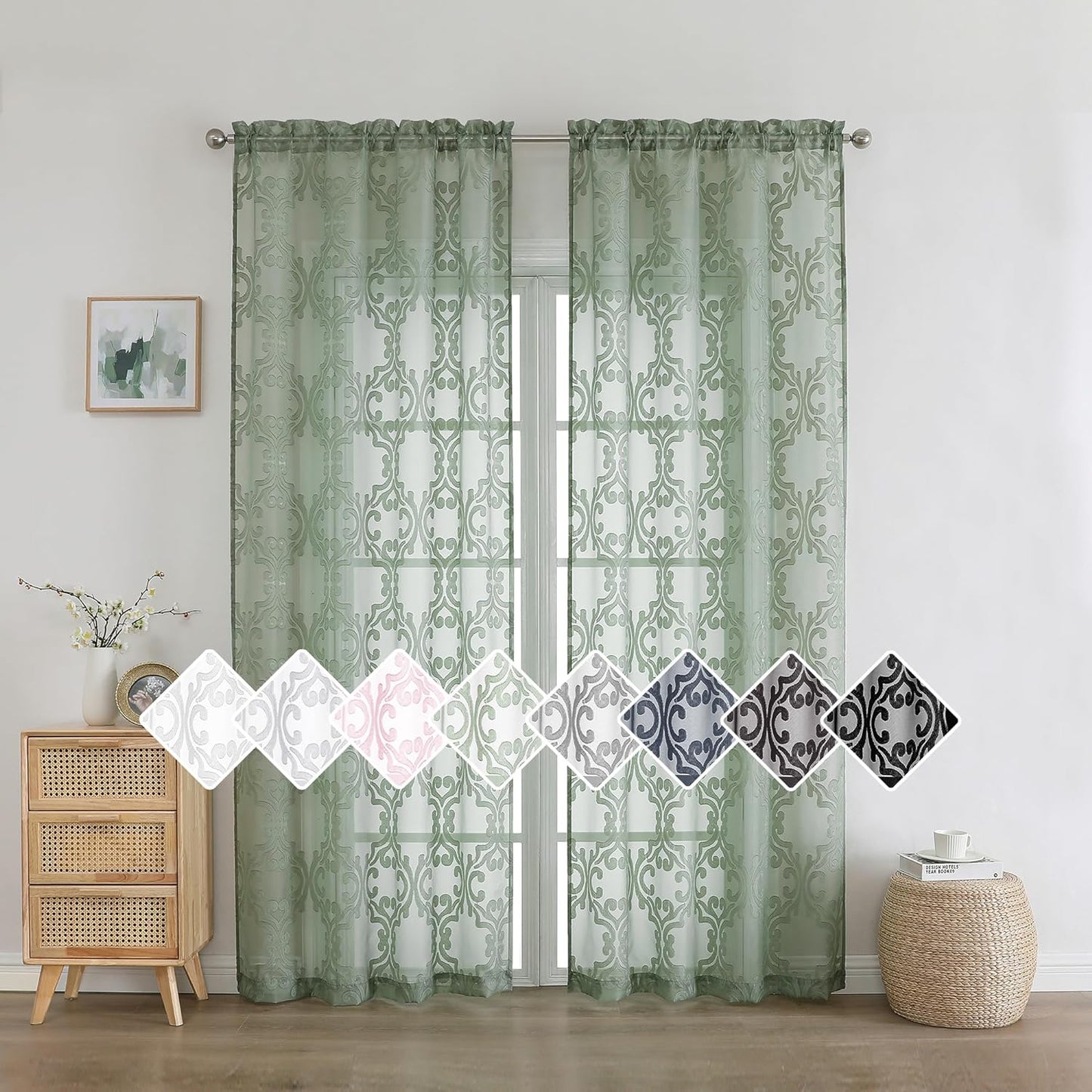 Aiyufeng Suri 2 Panels Sheer Sage Green Curtains 63 Inches Long, Light & Airy Privacy Textured Sheer Drapes, Dual Rod Pocket Voile Clipped Floral Luxury Panels for Bedroom Living Room, 42 X 63 Inch  Aiyufeng Sage Green 2X42X84" 