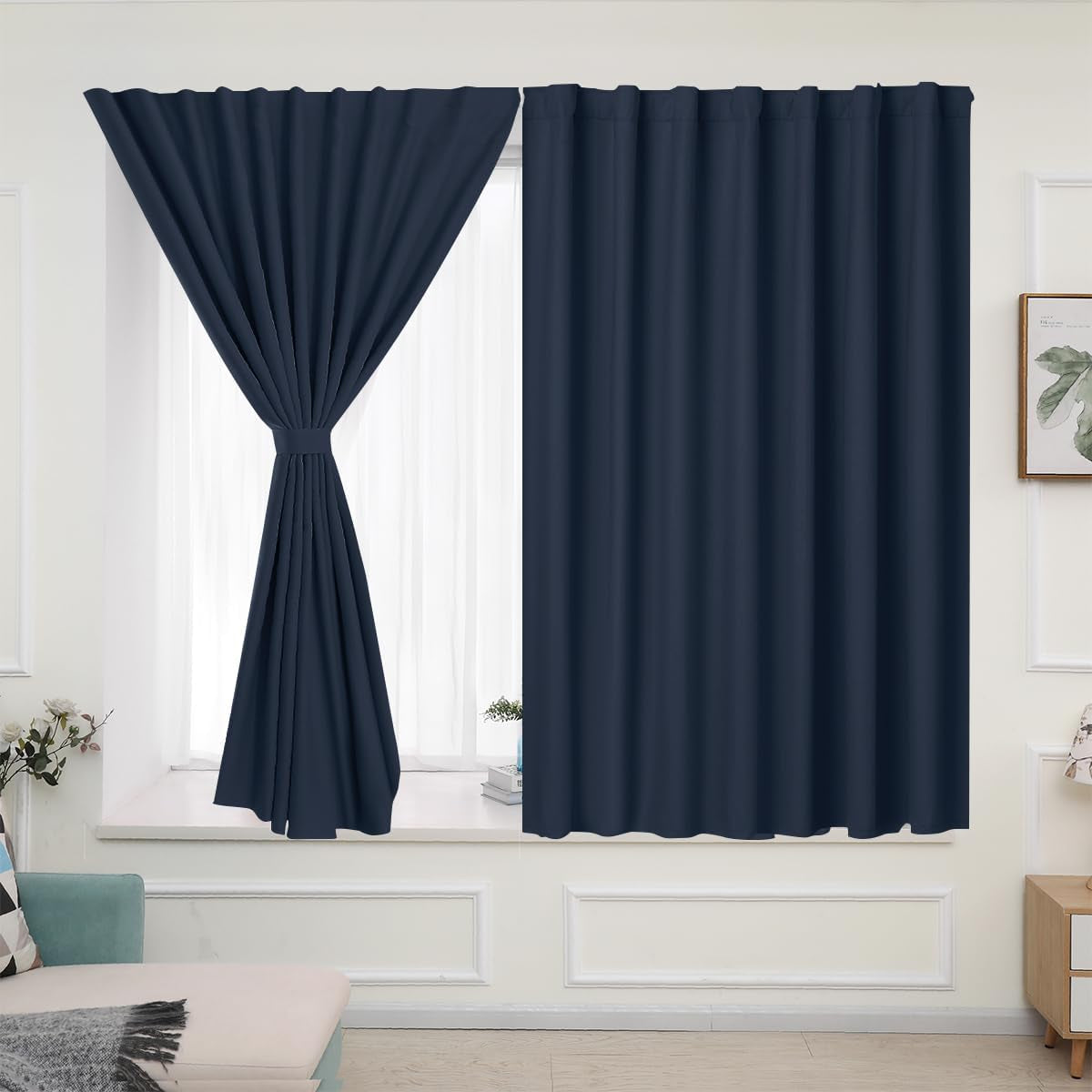 Muamar 2Pcs Blackout Curtains Privacy Curtains 63 Inch Length Window Curtains,Easy Install Thermal Insulated Window Shades,Stick Curtains No Rods, Black 42" W X 63" L  Muamar Navy Blue 42"W X 63"L 