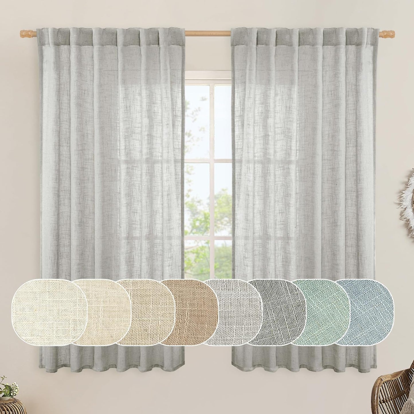 LAMIT Natural Linen Blended Curtains for Living Room, Back Tab and Rod Pocket Semi Sheer Curtains Light Filtering Country Rustic Drapes for Bedroom/Farmhouse, 2 Panels,52 X 108 Inch, Linen  LAMIT Light Grey 52W X 63L 