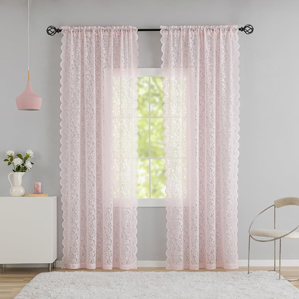 ALIGOGO White Lace Curtains 84 Inches Long-Vintage Floral Luxury Lace Sheer Curtains for Living Room 2 Panels Rod Pocket 52 W X 84 L Inch,White  ALIGOGO Pink 52" W X 84" L 