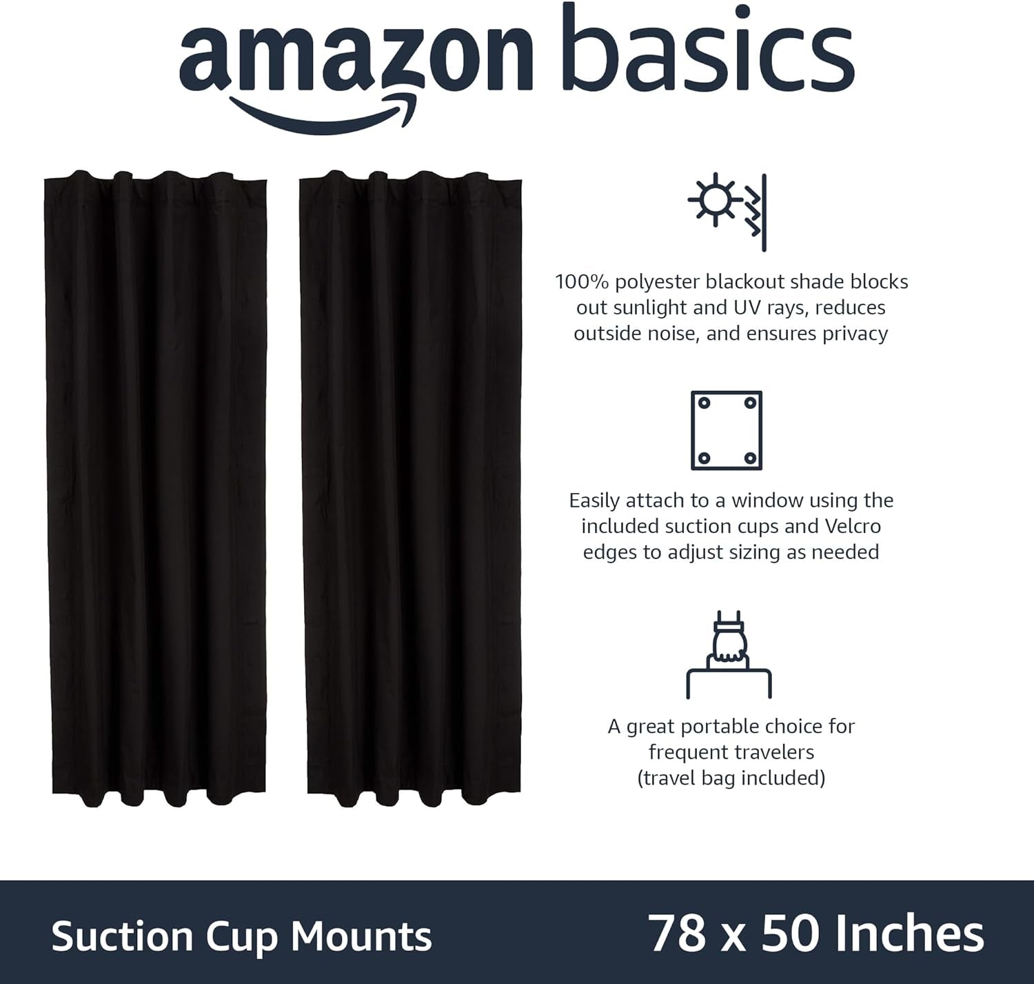 Amazon Basics Portable Window Blackout Curtain Shade with Suction Cups for Travel, 2-Pack, 78"L X 50"W, Black  Amazon Basics   