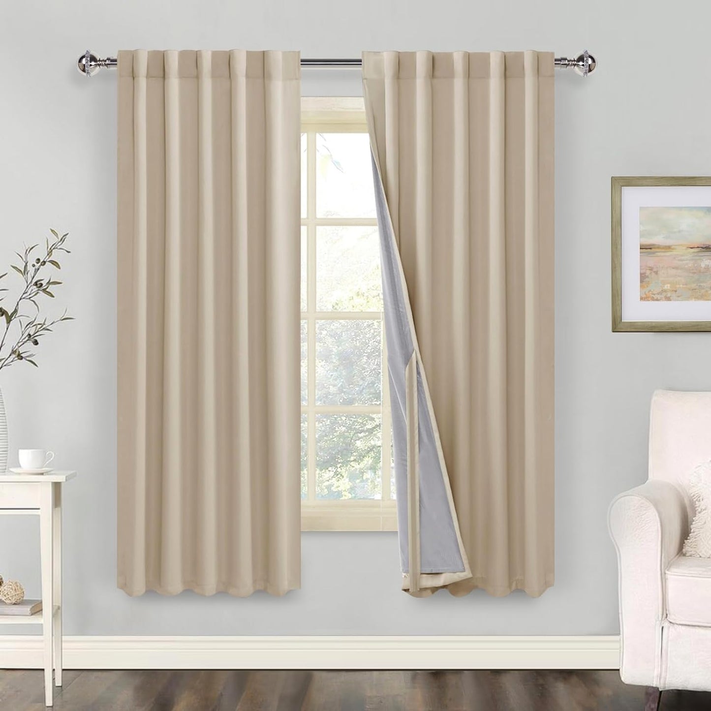 100% Blackout Curtains 2 Panels with Tiebacks- Heat and Full Light Blocking Window Treatment with Black Liner for Bedroom/Nursery, Rod Pocket & Back Tab，White, W52 X L84 Inches Long, Set of 2  XWZO Beige W42" X L63"|2 Panels 