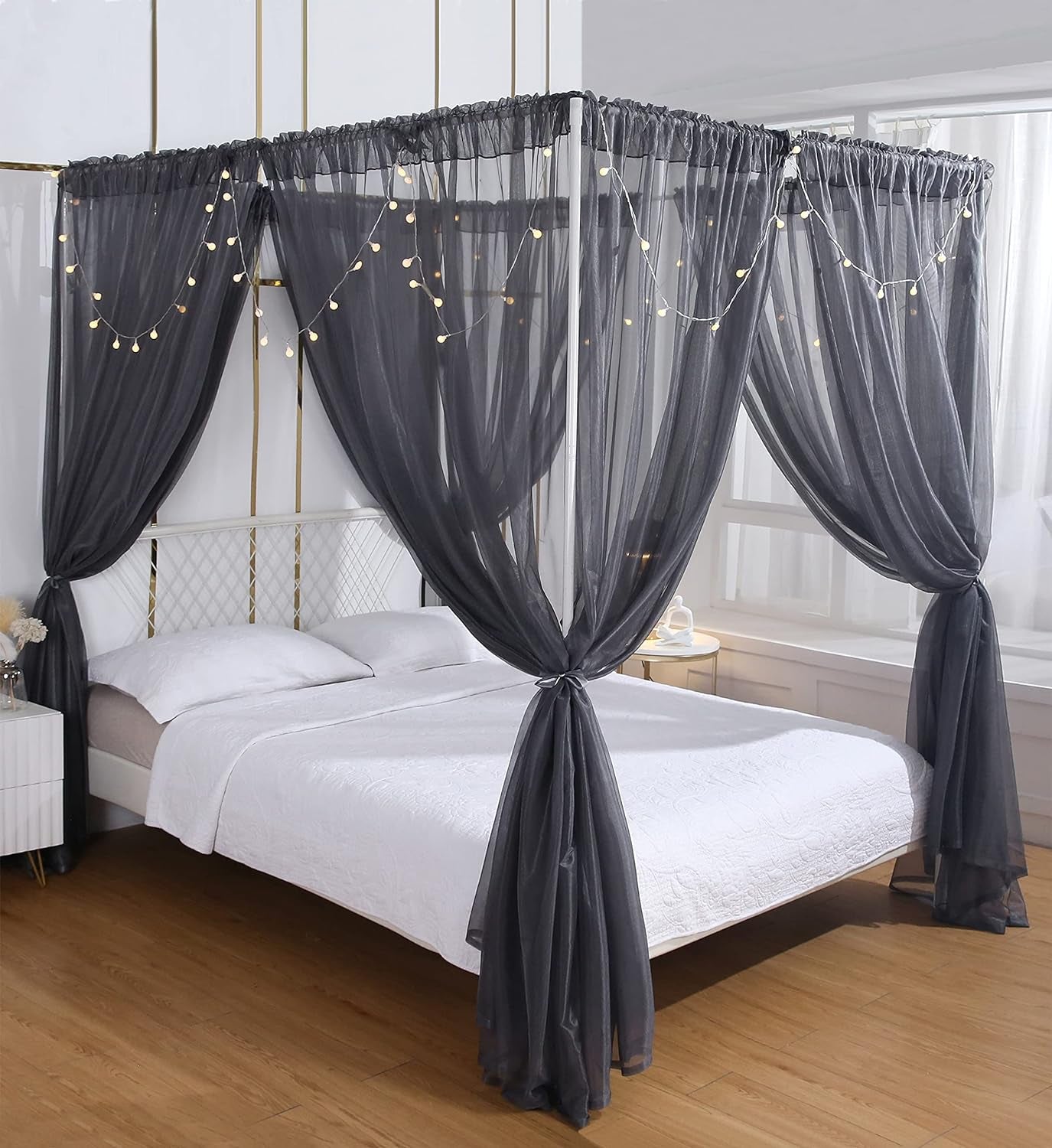 Akiky Princess Canopy Bed Curtains Bed Canopy Curtains with Lights for Queen Size Bed Drapes,8 Panels Canopies with 2 Lights,Room Décor (Full/Queen, White)  Akiky Grey Full/Queen 