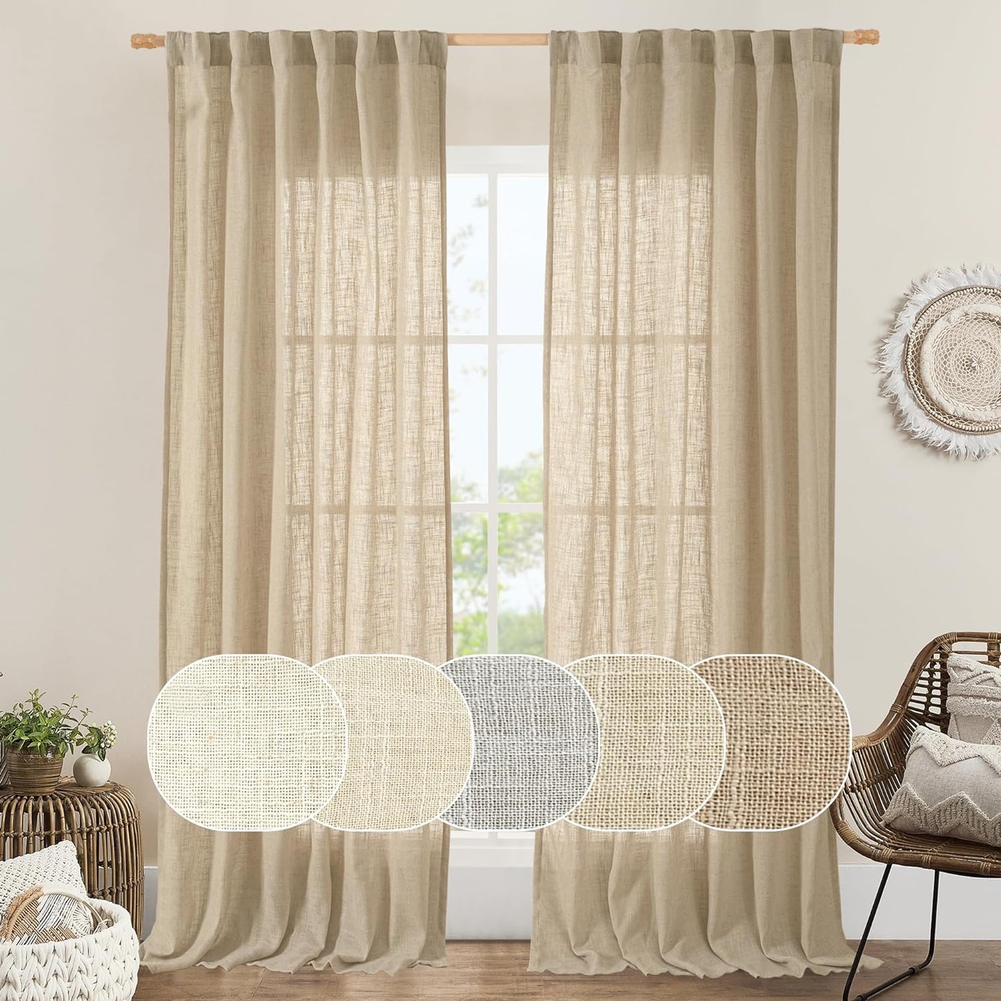 LAMIT Natural Linen Blended Curtains for Living Room, Back Tab and Rod Pocket Semi Sheer Curtains Light Filtering Country Rustic Drapes for Bedroom/Farmhouse, 2 Panels,52 X 108 Inch, Linen  LAMIT Brown 52W X 95L 