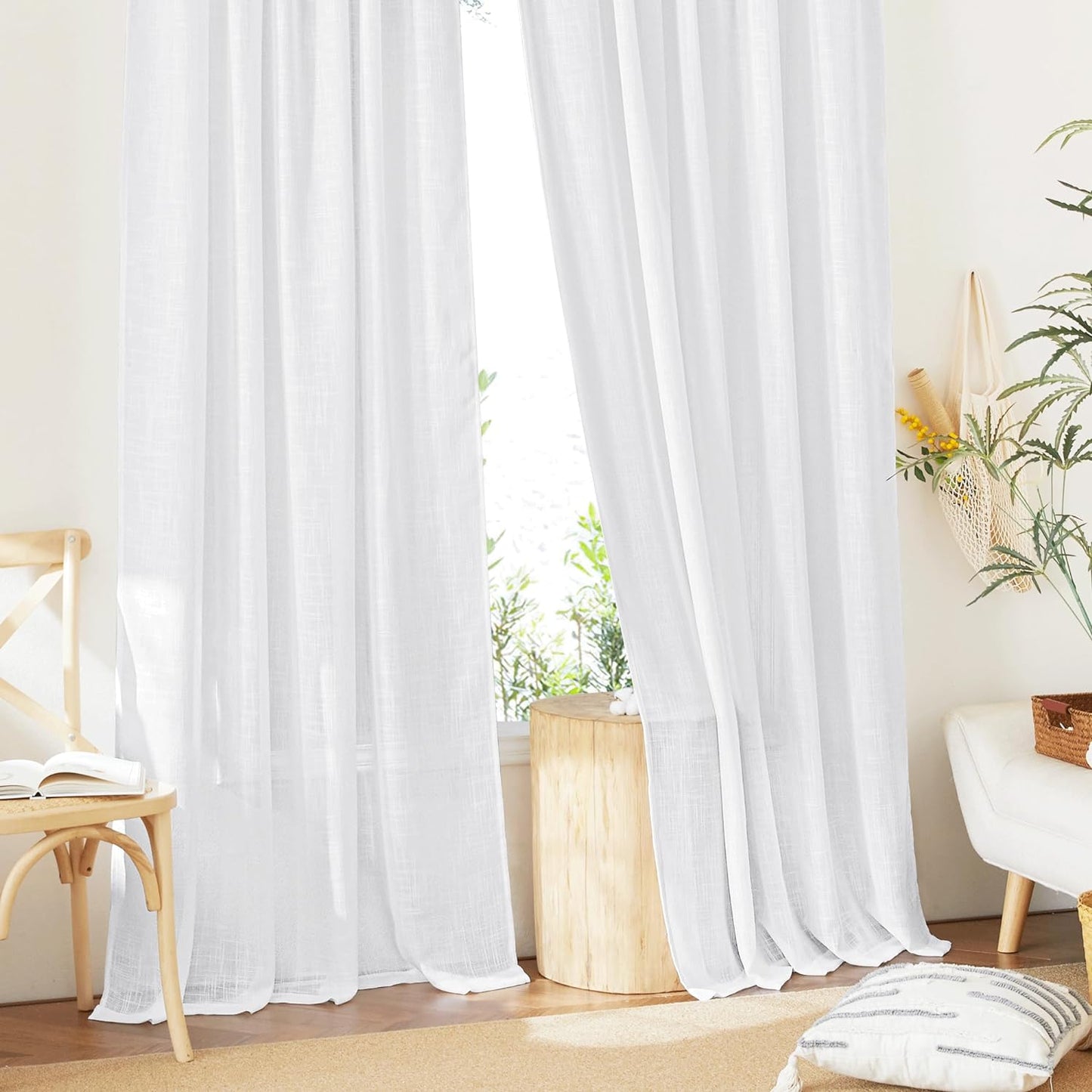 NICETOWN White Curtains Sheer - Semi Sheer Window Covering, Light & Airy Privacy Rod Pocket Back Tab Pinche Pleated Drapes for Bedroom Living Room Patio Glass Door, 52 X 63 Inches Long, Set of 2  NICETOWN   