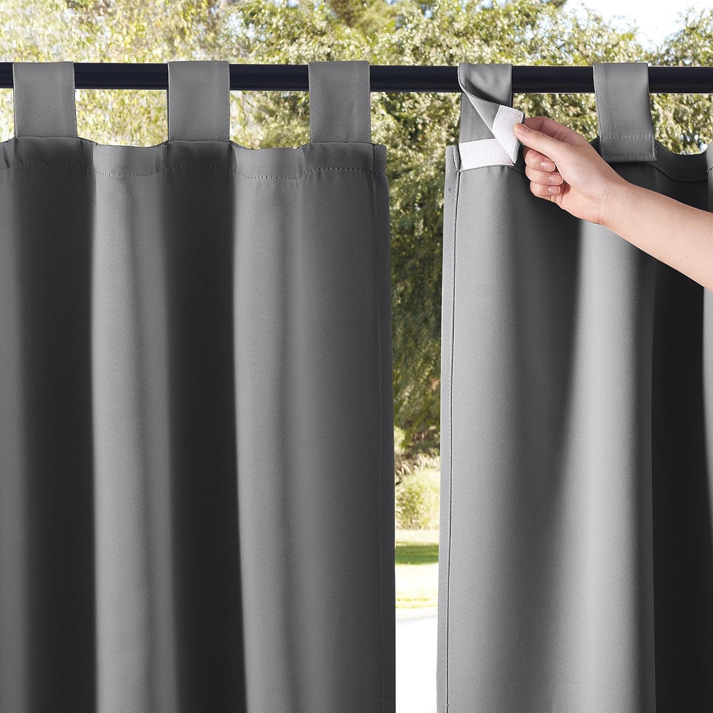 NICETOWN 2 Panels Outdoor Patio Curtainss Waterproof Room Darkening Drapes, Detachable Sticky Tab Top Thermal Insulated Privacy Outdoor Dividers for Porch/Doorway, Biscotti Beige, W52 X L84  NICETOWN Grey W84 X L95 