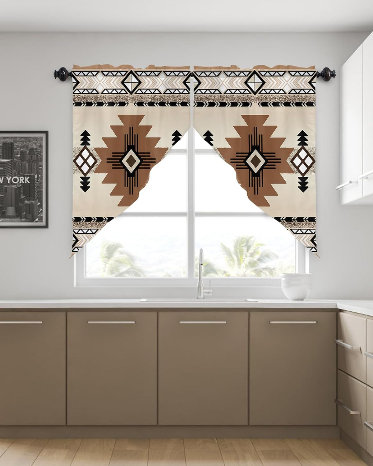 Boho Western Swag Curtains for Living Room/Kitchen/Bedroom/Bathroom, Southwest Native American Indian Geometric Swag Valance Curtains Short Half Kitchen Topper Curtains Window Swag 2 Panels 36''X63''