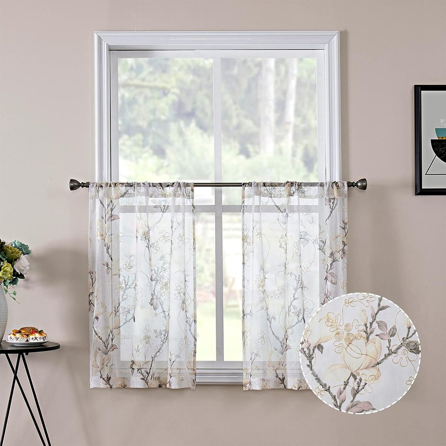 Tollpiz Floral White Sheer Curtain Flower Print Vine Embroidery Bedroom Curtains Rod Pocket Voile Window Curtain for Living Room, 54 X 84 Inches Long, Set of 2 Panels  Tollpiz Tex White 30"W X 24"L 