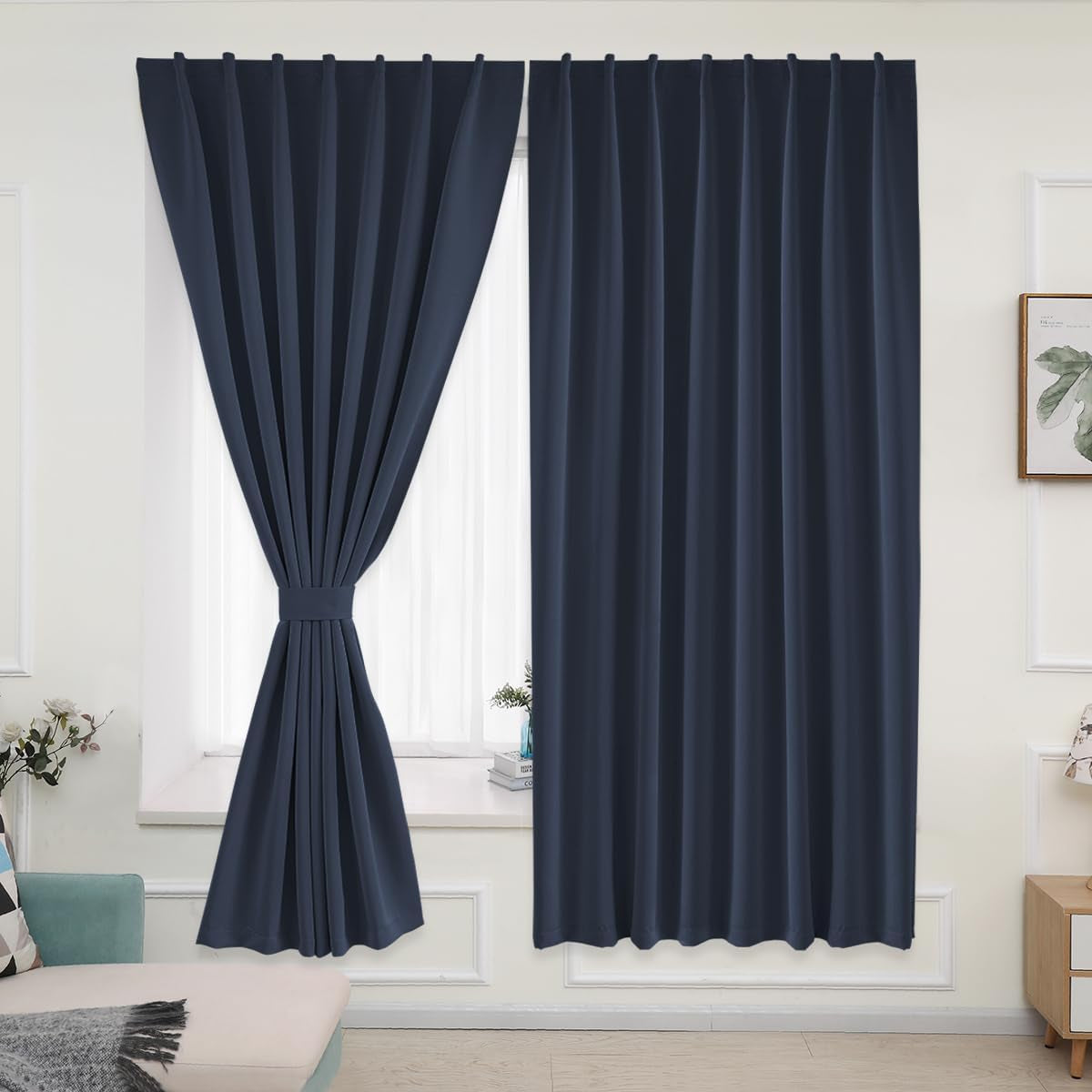 Muamar 2Pcs Blackout Curtains Privacy Curtains 63 Inch Length Window Curtains,Easy Install Thermal Insulated Window Shades,Stick Curtains No Rods, Black 42" W X 63" L  Muamar Navy Blue 52"W X 84"L 