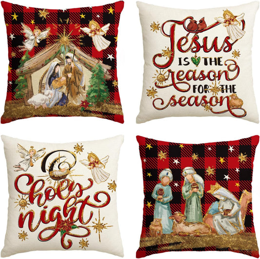 AVOIN Colorlife Christmas O Holy Night Jesus Cardinal Buffalo Plaid Throw Pillow Covers, 18 X 18 Inch Christmas Saying Winter Holiday Cushion Case Decoration for Sofa Couch Set of 4
