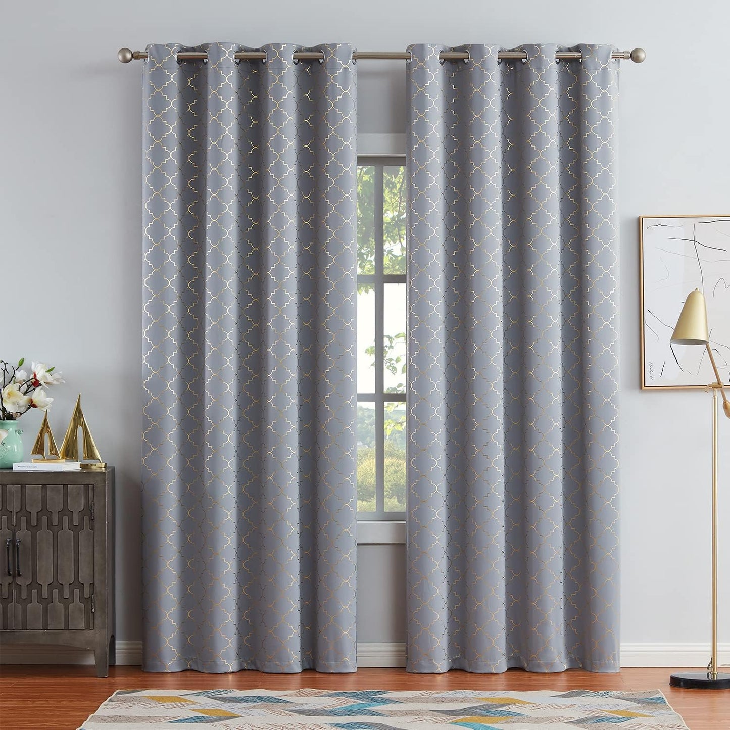 Enactex 100% Full Blackout Curtains 63 Inch Length Thermal Insulated Grey Curtain with Gold Geometric Metallic Pattern, Light Blocking Grommet Window Drapes for Living Room Bedroom, 2 Panels  Enactex   