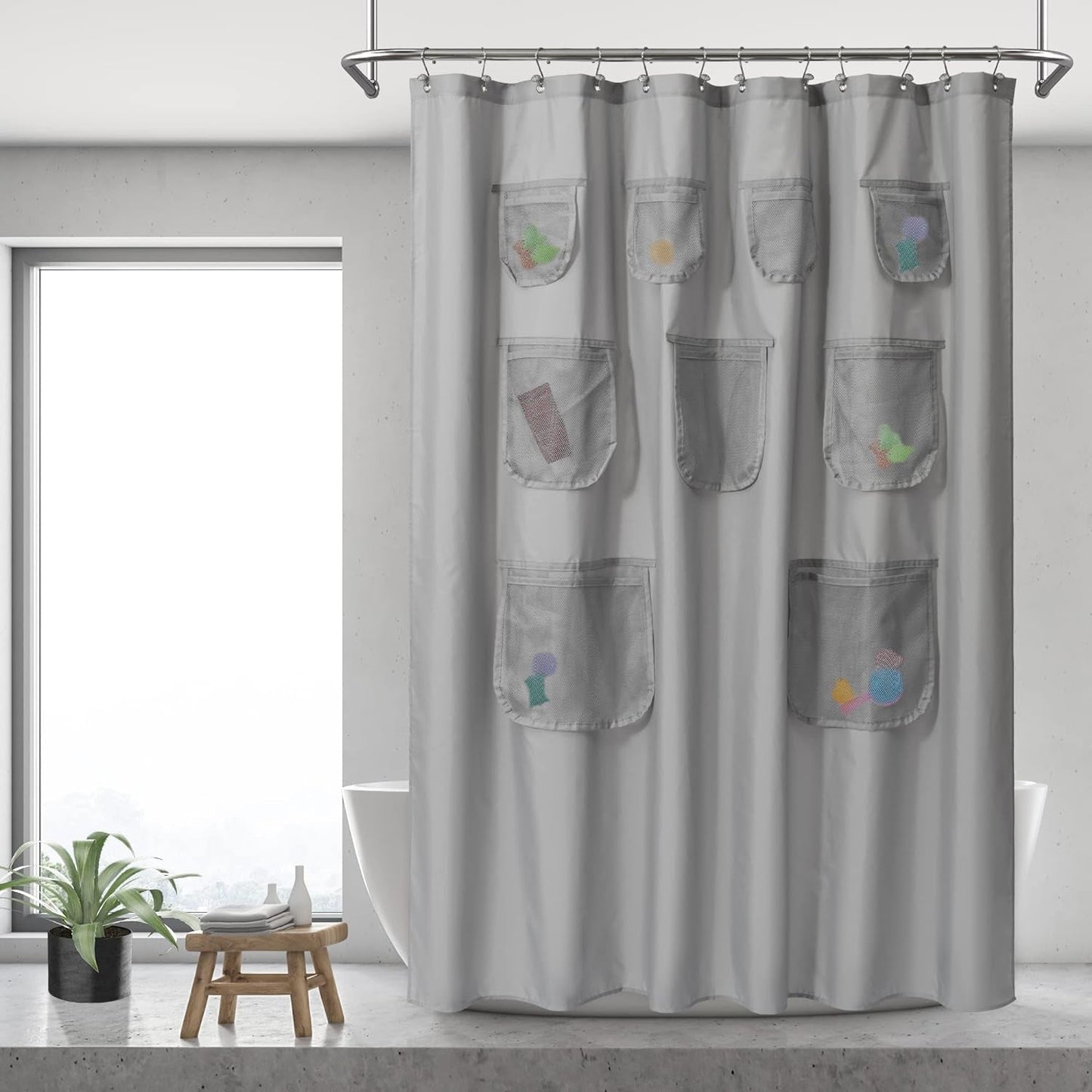 N&Y HOME Water Repellent Fabric Shower Curtain or Liner with 9 Mesh Pockets - White, 71X72 Inches