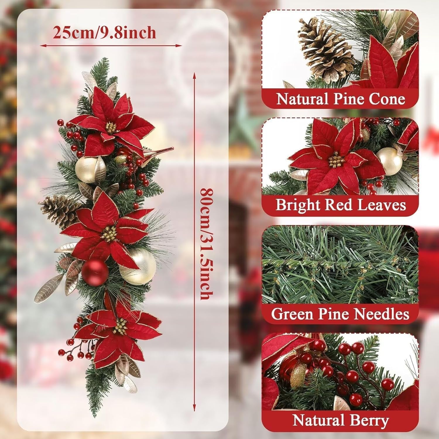 Bsmathom Artificial Christmas Swag, Christmas Mailbox Swag Decoration, 31.5" Front Door Hanging Home Decoration with Pinecones and Berries for Front Door Stairway Window Shelf Xmas Decor