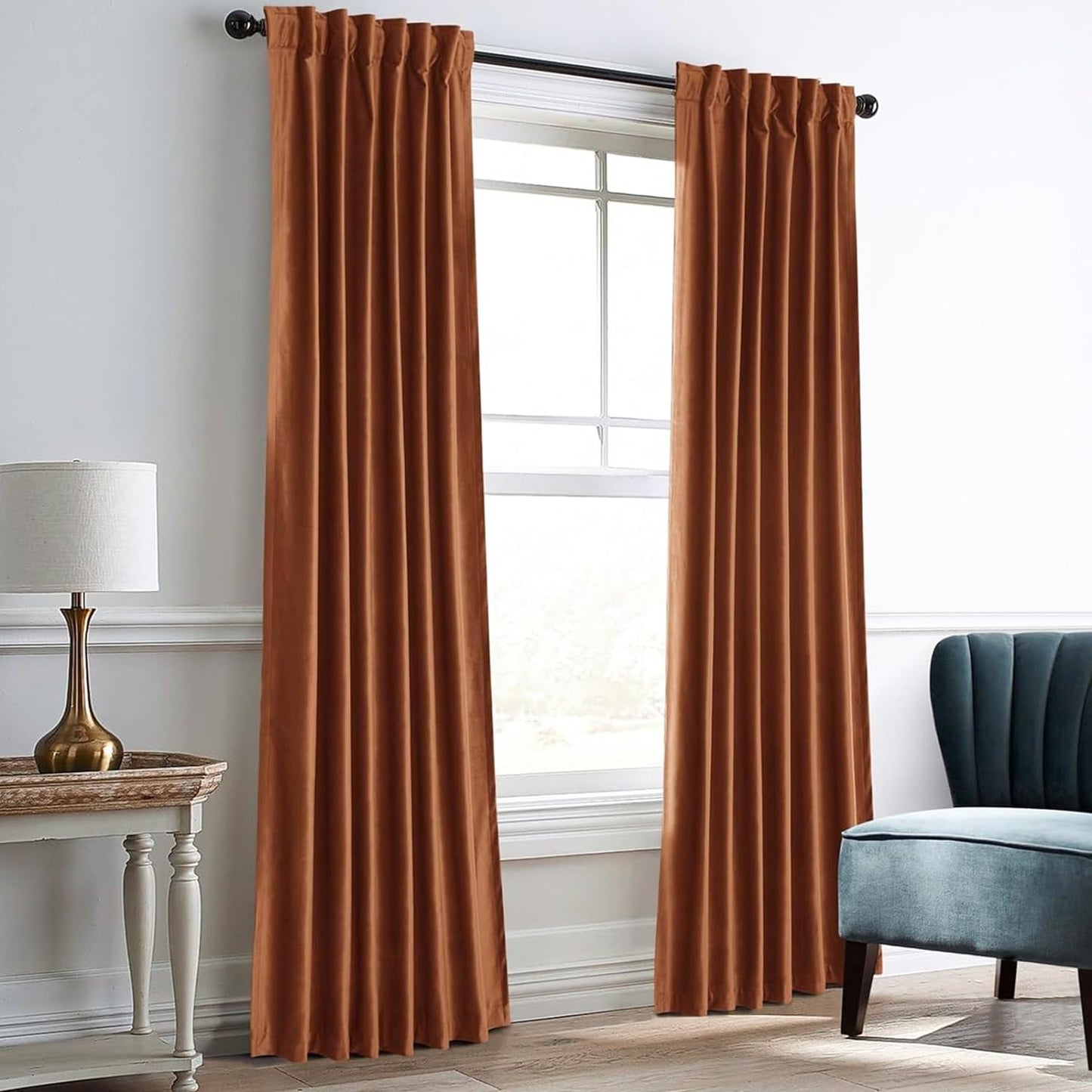 Dreaming Casa Royal Blue Velvet Room Darkening Curtains for Living Room Thermal Insulated Rod Pocket Back Tab Window Curtain for Bedroom 2 Panels 102 Inches Long, 42" W X 102" L  Dreaming Casa Amber Golden 2 X (42"W X 96"L) 