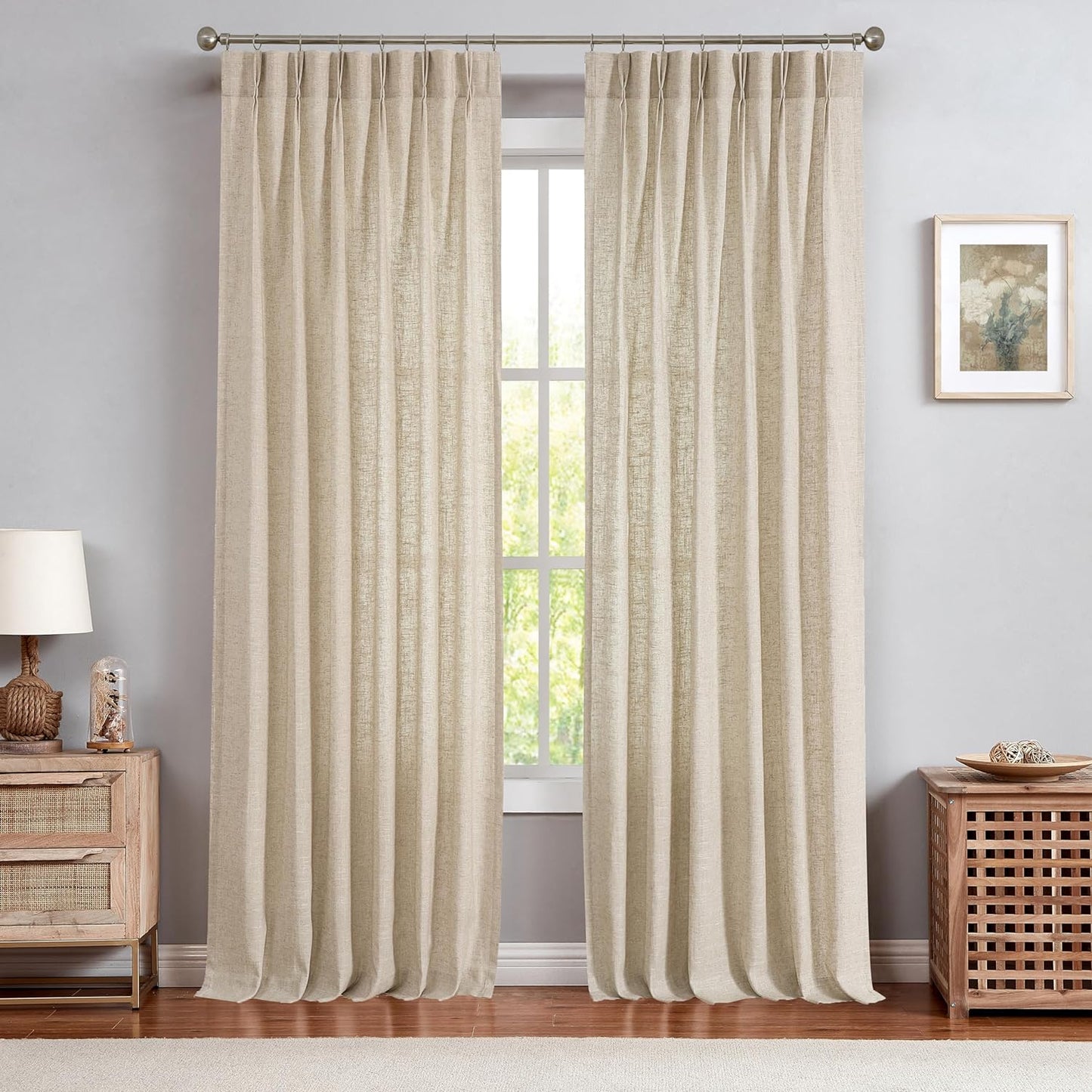 White Pinch Pleated Curtain Semi Sheer Curtain Panel Linen Cotton Blend Decorative Drape 84 Inches Long for Living Room Bedroom Farmhouse Rustic Window Treatment, White, 34"X84"X2  Central Park Linen 34"X95"X2 