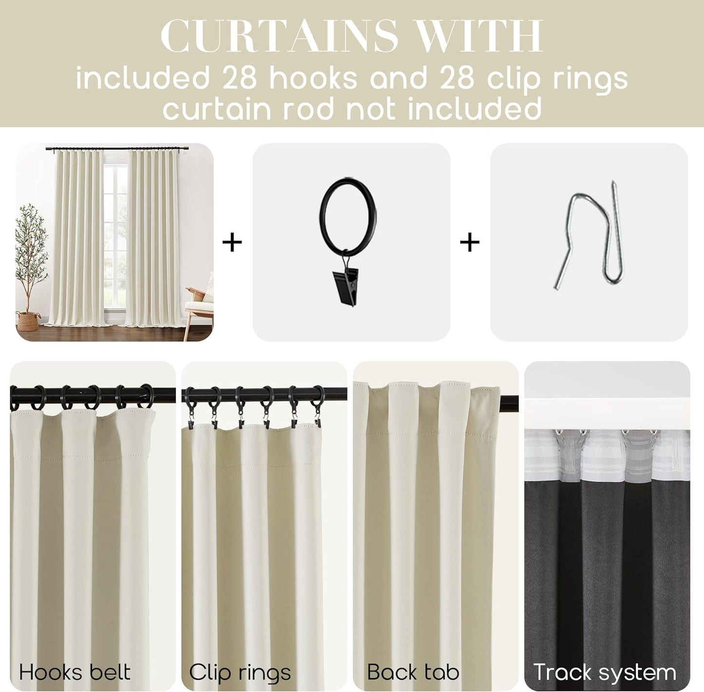 SHINELAND Beige Room Darkening Curtains 105 Inches Long for Living Room Bedroom,Cortinas Para Cuarto Bloqueador De Luz,Thermal Insulated Back Tab Pleat Blackout Curtains for Sunroom Patio Door Indoor  SHINELAND   
