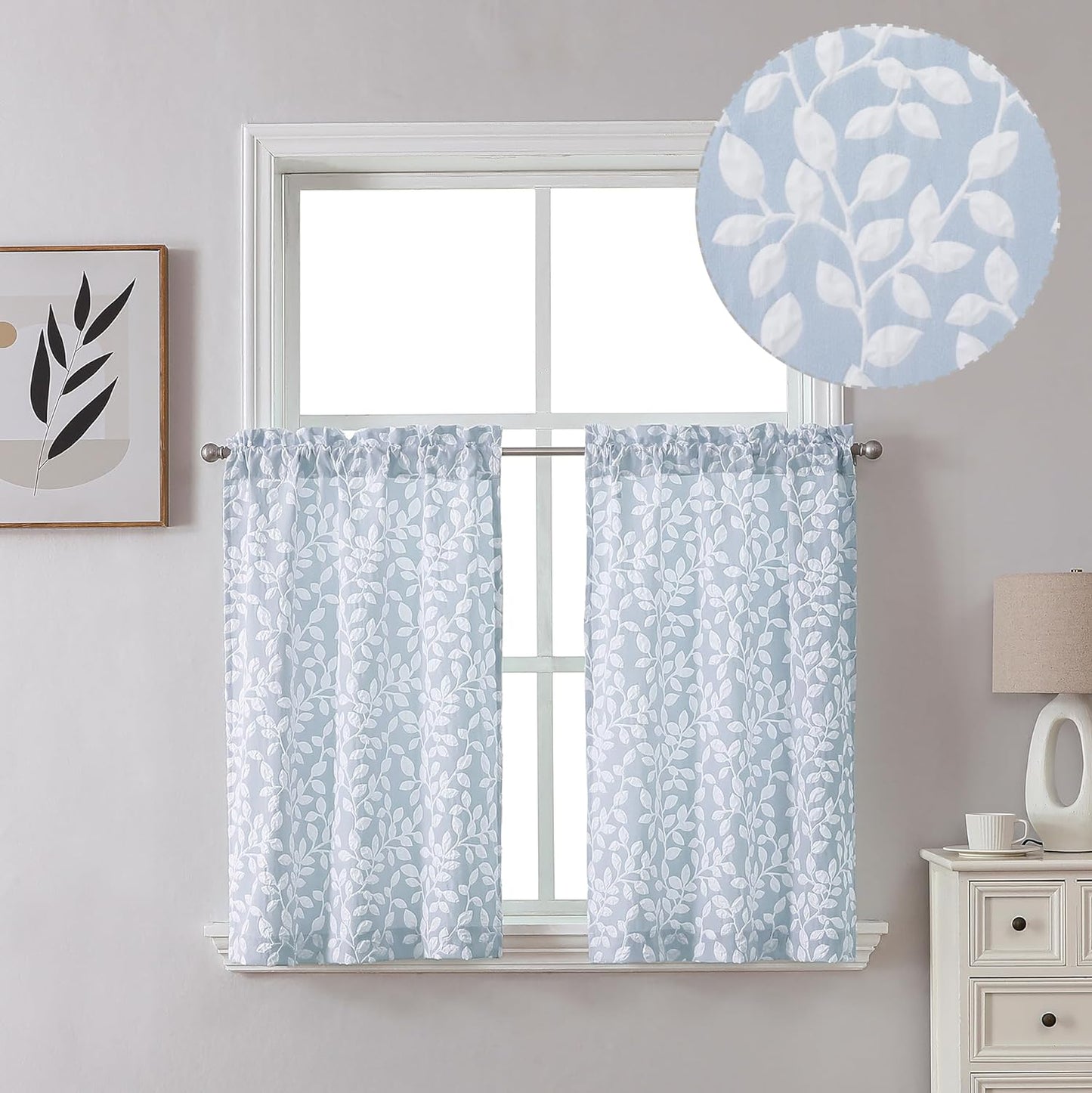 Chyhomenyc Anna White Taupe Curtains 63 Inch Length 2 Panels, Light Filtering Soft Airy 3D Embossed Textured Leaf Pattern Drapes for Bedroom Living Room Windows, Each 42Wx63L Inches  Chyhomenyc Blue White 28 W X 36 L 