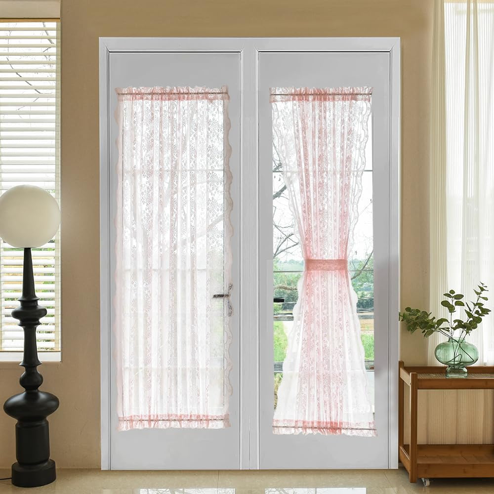 TUDECO Lace Front Curtains for Kitchen Door 40 Inch Long 2 Panles - Privacy Small Door Window Curtains, Light Filtering Half Sheer French Door Curtains with 2 Tieback W40 X L40 Ivory  TUDECO Pink 52"W X 72"L 