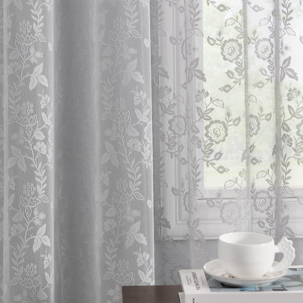 FINECITY Lace Curtains Country Rustic Floral Sheer Curtains for Living Room 72 Inch Length Drapes Vintage Floral Pattern Farmhouse Privacy Light Filtering Sheer Curtain 2 Panels, 52 X 72 Inch, Grey  Keyu Textile   