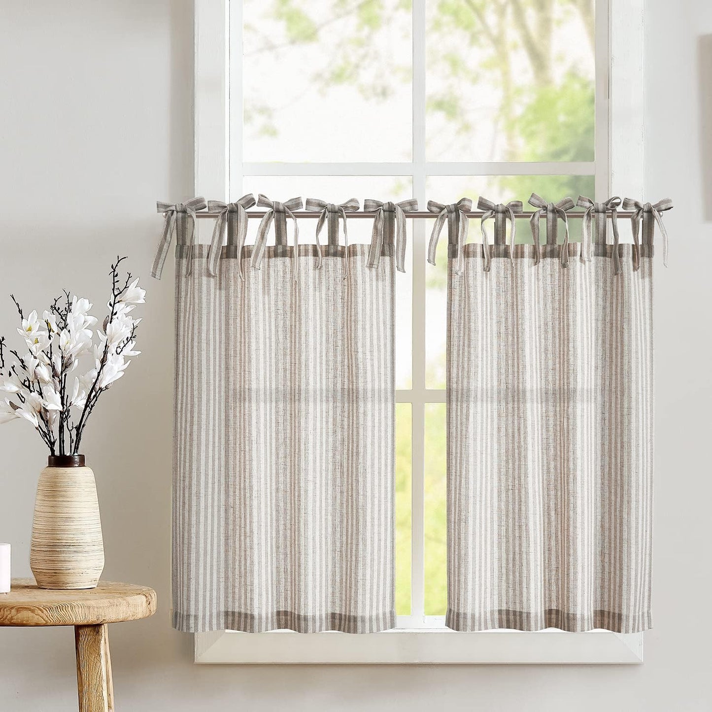 Jinchan Kitchen Curtains Striped Tier Curtains Ticking Stripe Linen Curtains Pinstripe Cafe Curtains 24 Inch Length for Living Room Bathroom Farmhouse Curtains Rod Pocket 2 Panels Black on Beige  CKNY HOME FASHION Tie Top Striped Taupe W26 X L24 