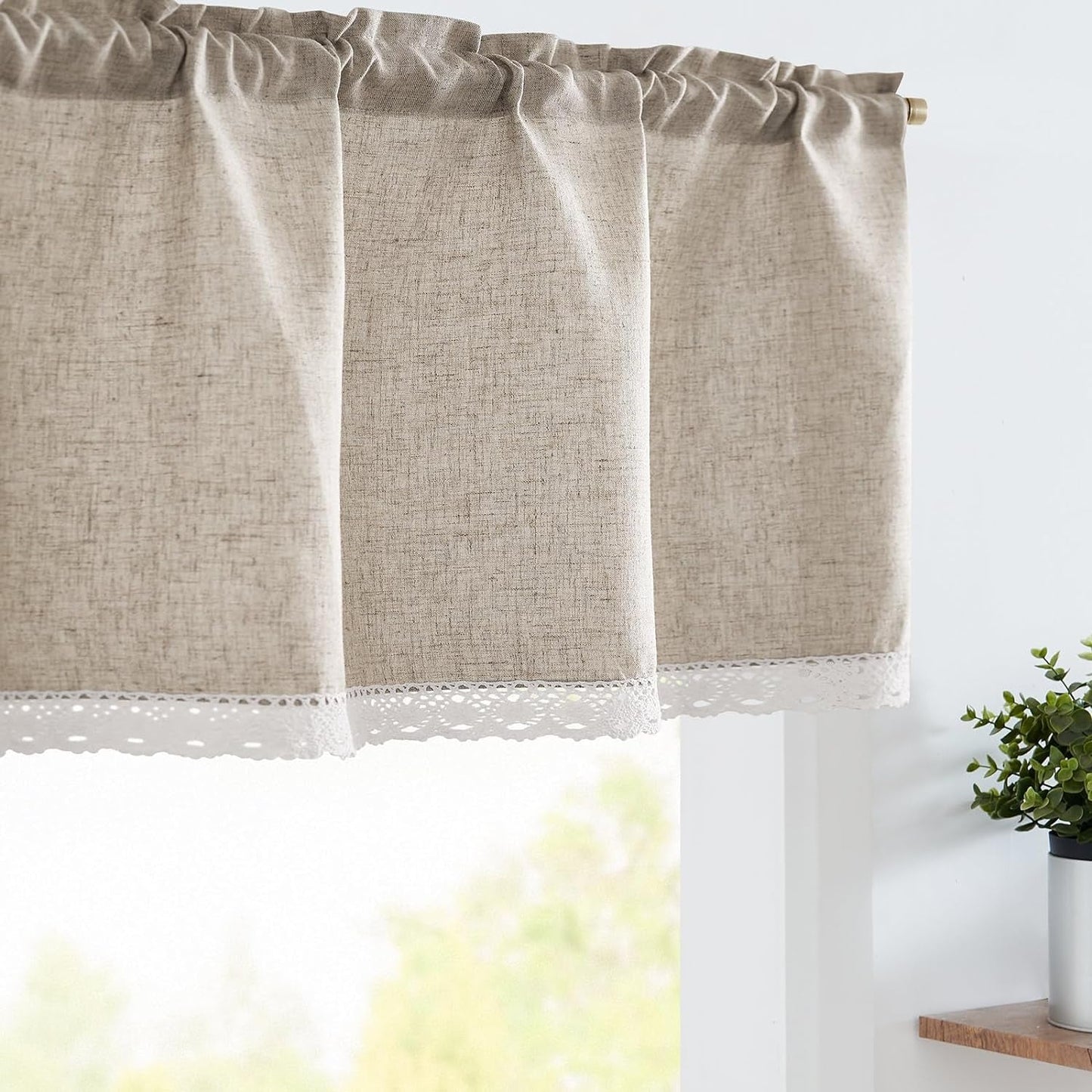 Jinchan Boho Valance with Tassels Linen Kitchen Valance Curtain for Windows 16 Inch Length Beige Farmhouse Rustic Valance for Living Room Laundry RV Light Filtering Back Tab Valance 1 Panel Crude
