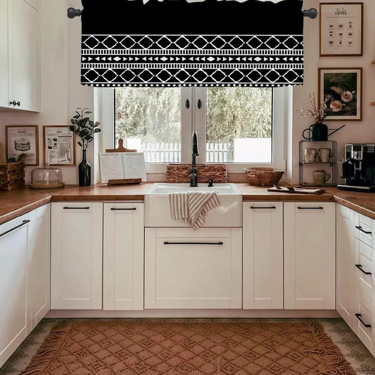 Boho Curtains for Living Room Moroccan Geometric Pattern Farmhouse Semi Sheer Valance for Windows Rod Pocket Short Window Treatment Décor, Bedroom, Bathroom, Kitchen Valances 55Inx18In