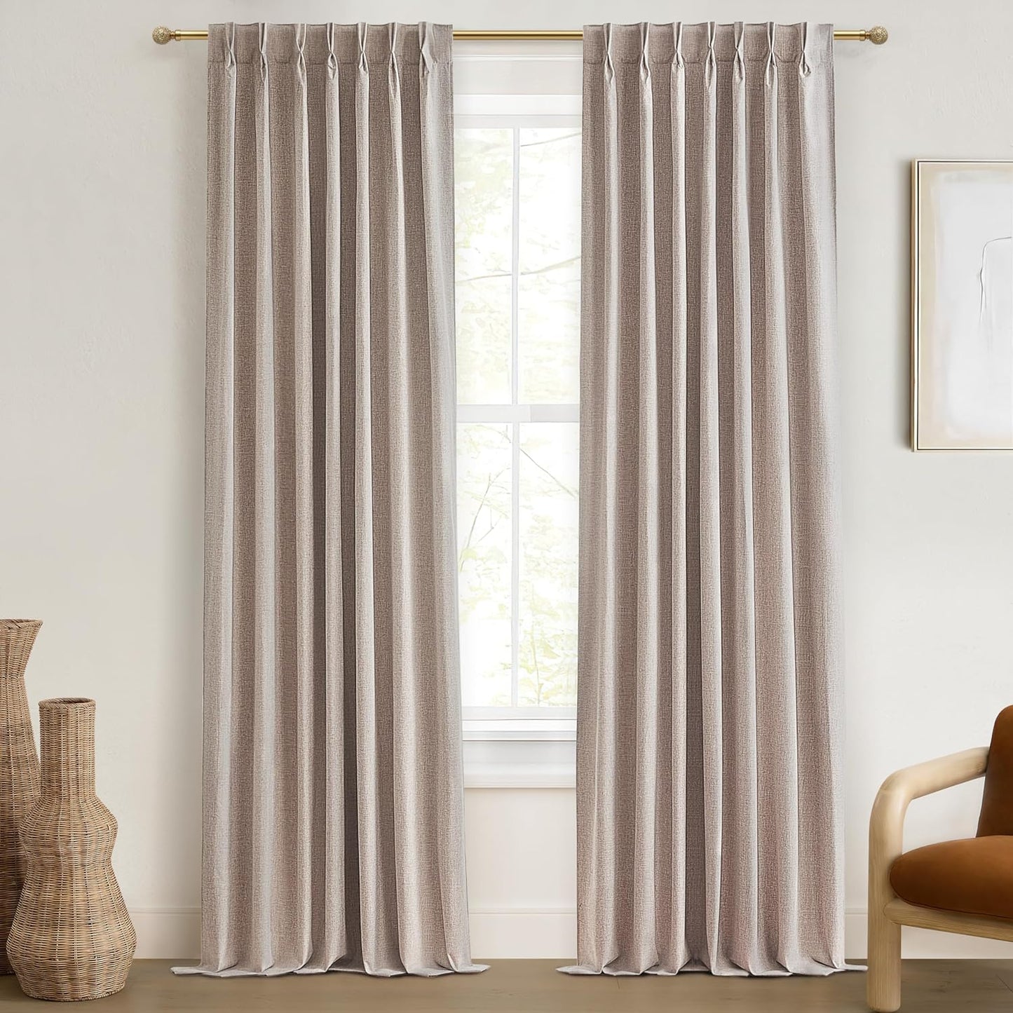 Natural Linen Pinch Pleated Blackout Curtains & Drapes 96 Inch Long Bedroom/Livingroom Farmhouse Curtains 2 Panel Sets, Neutral Track Room Darkening Thermal Insulated 8Ft Back Tab Window Curtain  QJmydeco Linen 40"W X 102"L X 2 Panels 