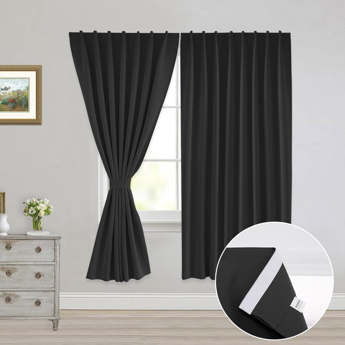 Muamar 2Pcs Blackout Curtains Privacy Curtains 63 Inch Length Window Curtains,Easy Install Thermal Insulated Window Shades,Stick Curtains No Rods, Black 42" W X 63" L  Muamar Black 52"W X 63"L 