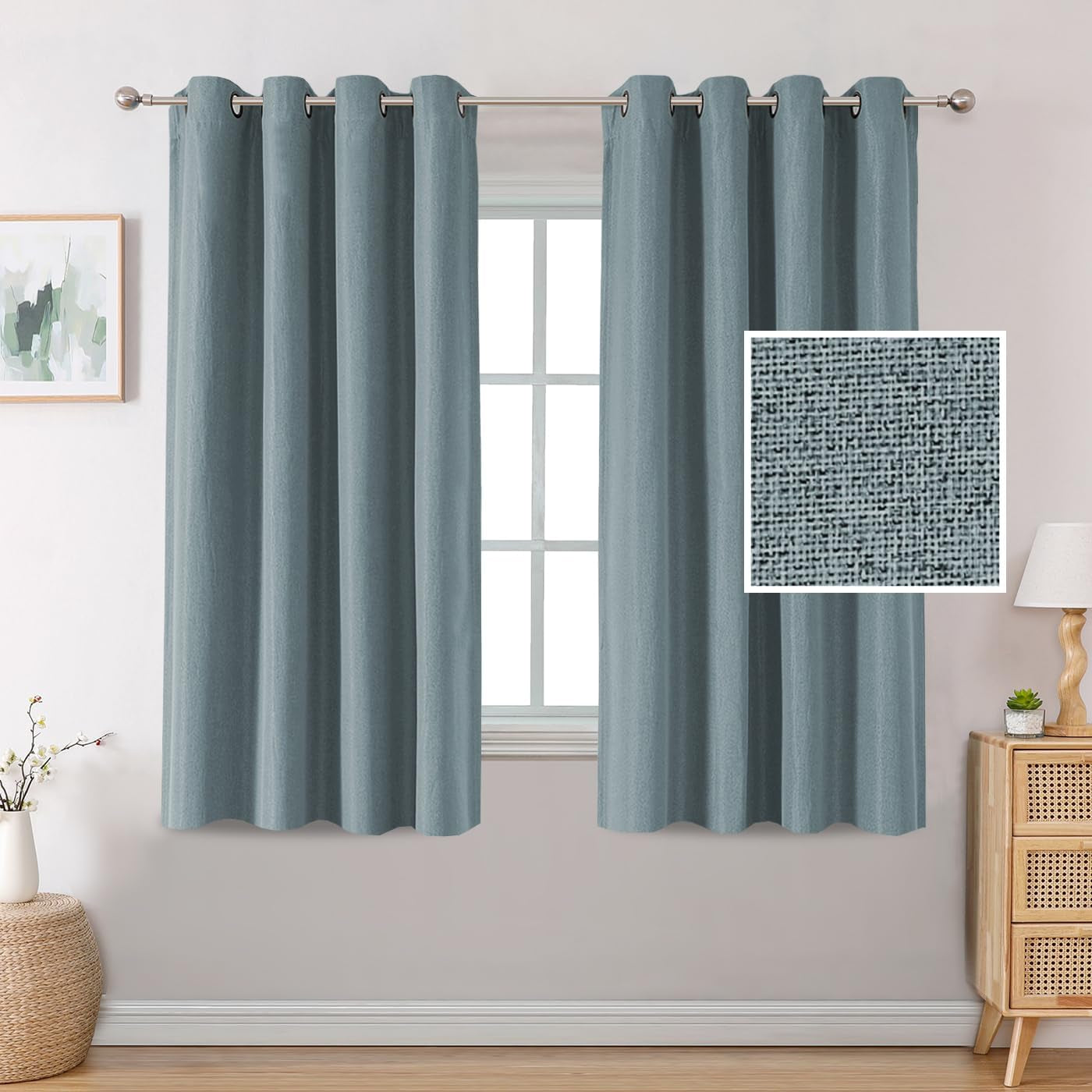 H.VERSAILTEX Linen Blackout Curtains 84 Inches Long Thermal Insulated Room Darkening Linen Curtains for Bedroom Textured Burlap Grommet Window Curtains for Living Room, Bluestone and Taupe, 2 Panels  H.VERSAILTEX Stone Blue 52"W X 54"L 