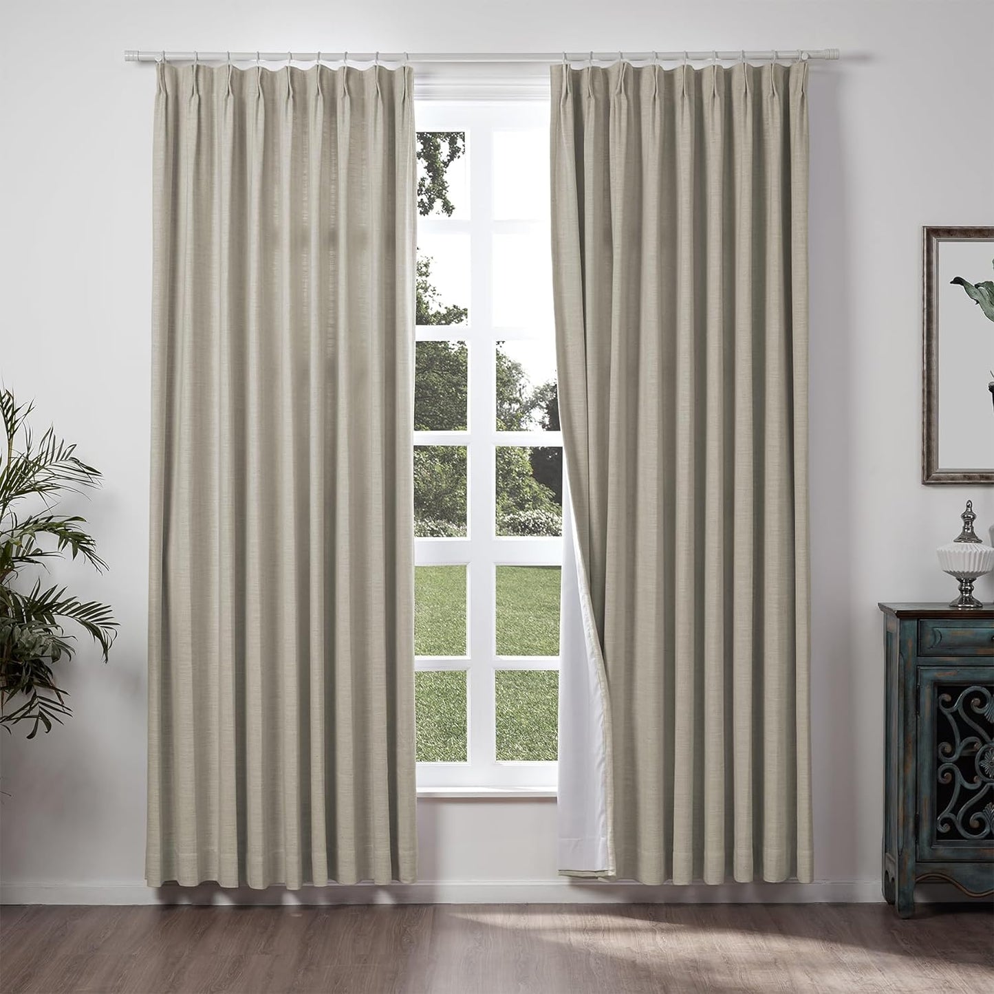 Chadmade 50" W X 63" L Polyester Linen Drape with Blackout Lining Pinch Pleat Curtain for Sliding Door Patio Door Living Room Bedroom, (1 Panel) Sand Beige Tallis Collection  ChadMade Birch (5) 100Wx102L 