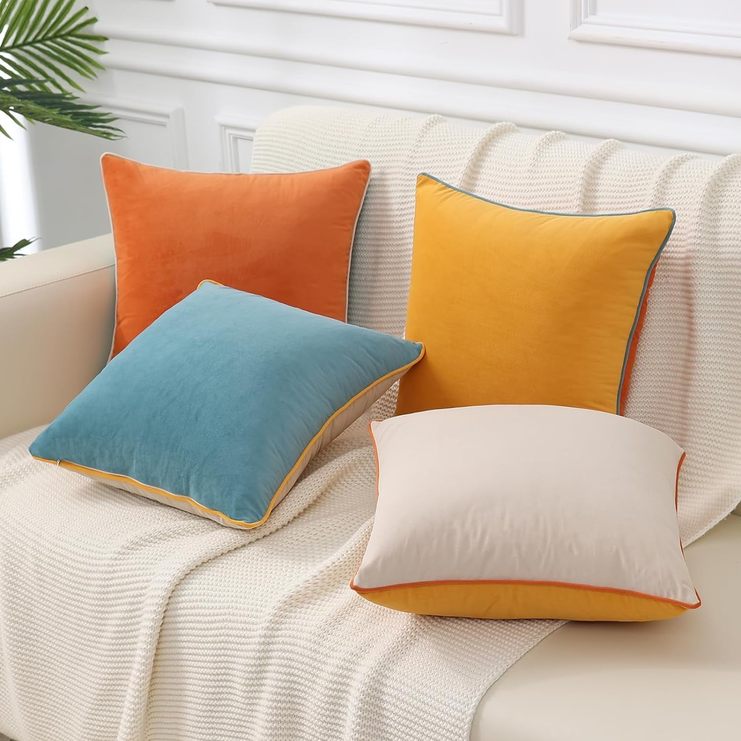 Mecatny Soft Velvet Throw Pillow Covers 18X18 Inch Set of 4, Colorful Decorative Pillow Covers for Sofa Bed, Modern Couch Pillow Covers with 4-Color Mix and Match for Living Room, Orange & Yellow