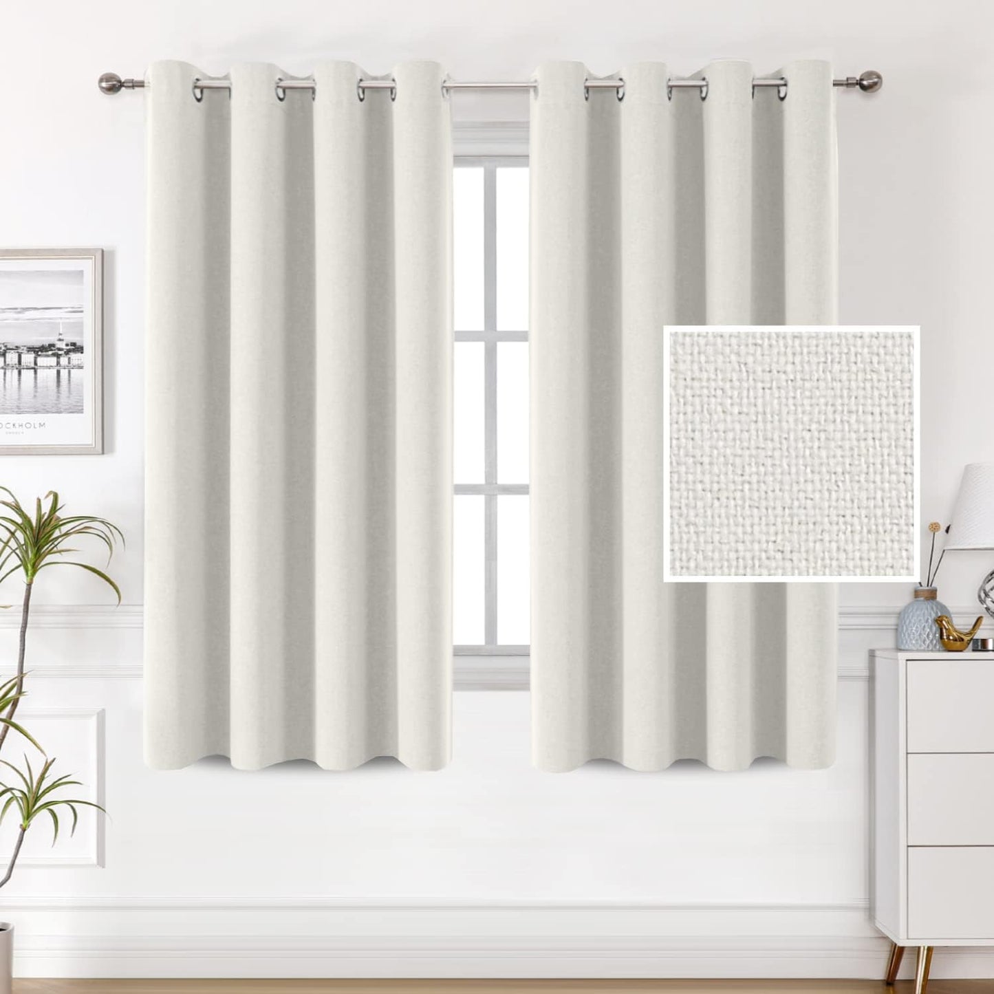 H.VERSAILTEX 100% Blackout Linen Look Curtains Thermal Insulated Curtains for Living Room Textured Burlap Drapes for Bedroom Grommet Linen Noise Blocking Curtains 42 X 84 Inch, 2 Panels - Sage  H.VERSAILTEX Off White 52"W X 54"L 