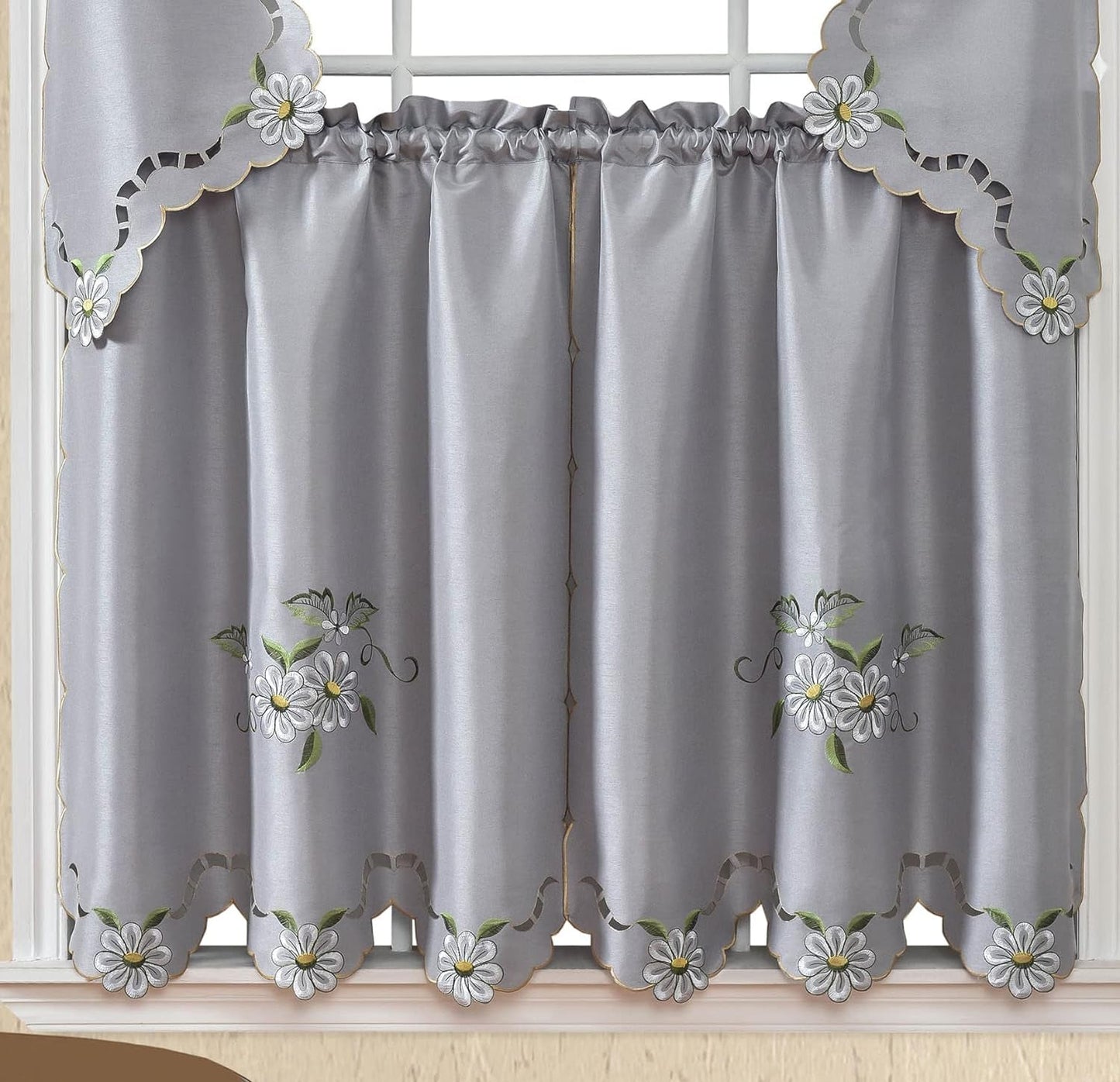 GOHD Cutwork Floral. Kitchen Curtain Set. Swag Valance and Tier Set. Nice Embroidery on Faux Silk Fabric with Cutworks. (Grey)