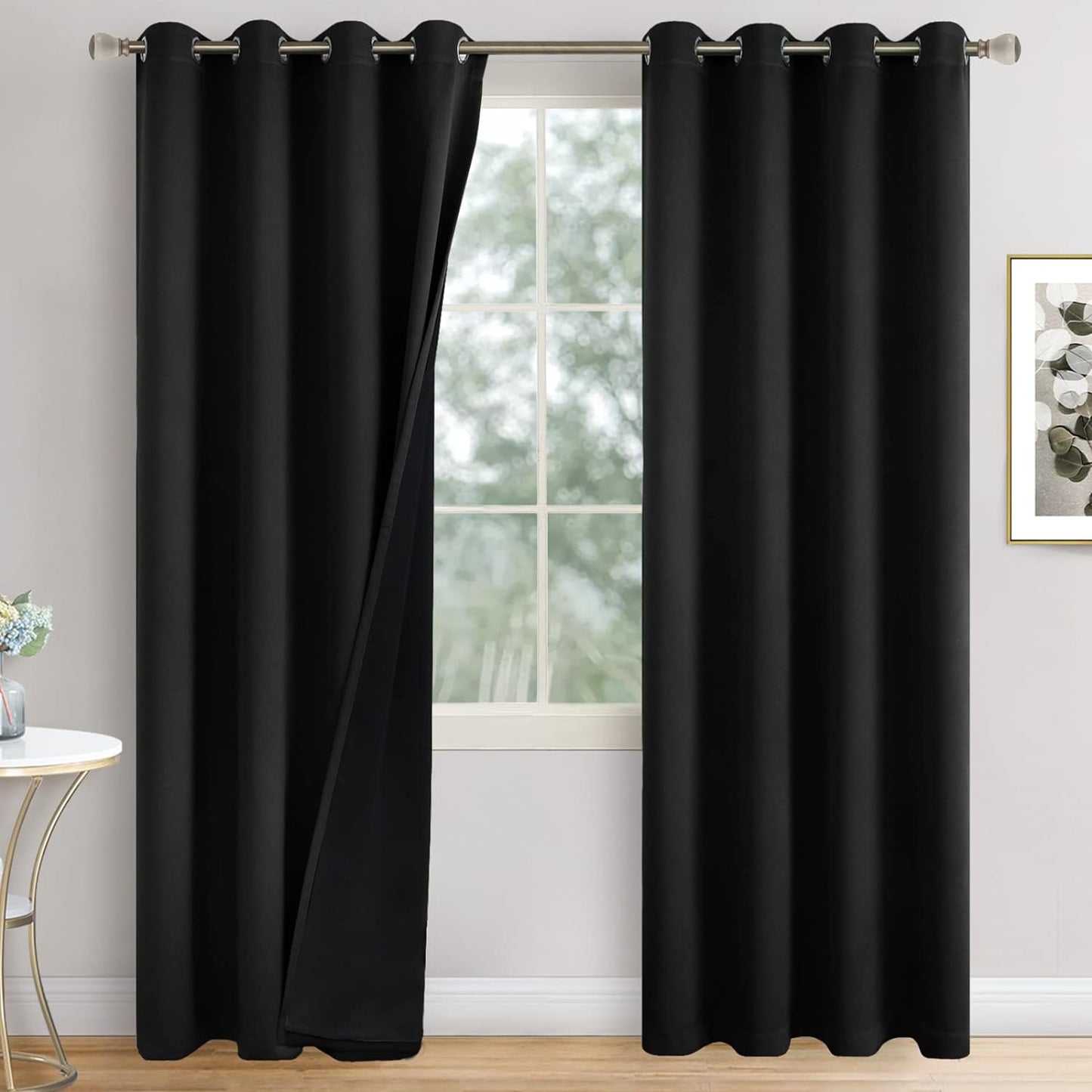 QUEMAS Short Blackout Curtains 54 Inch Length 2 Panels, 100% Light Blocking Thermal Insulated Soundproof Grommet Small Window Curtains for Bedroom Basement with Black Liner, Each 42 Inch Wide, White  QUEMAS Black + Black Lining W52 X L95 