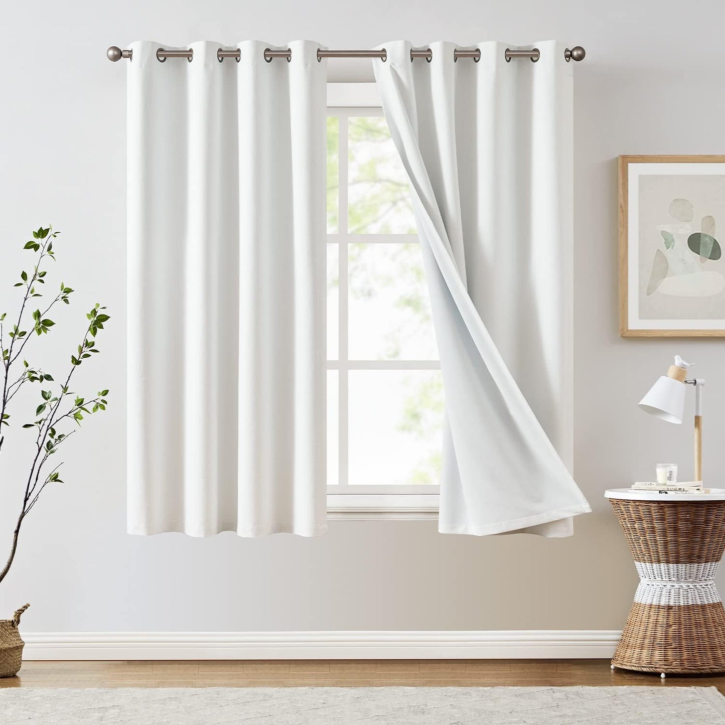 JINCHAN 100% Blackout Curtains for Bedroom, 90 Inch Length Linen Textured Drapes for Living Room, Thermal Insulated Full Light Blocking Curtains, Grommet Top Window Treatments 2 Panels Heathered White  CKNY HOME FASHION Textured | Off White W50 X L63 