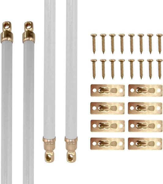 Amazing Drapery Hardware White Swivel Sash Curtain Rods with Brass Ends, Set of 4 (Hardware Included) - Adjustable Length 21-38 Inches, Easy to Install Metal Rods for Doors, Windows, and Sidelights