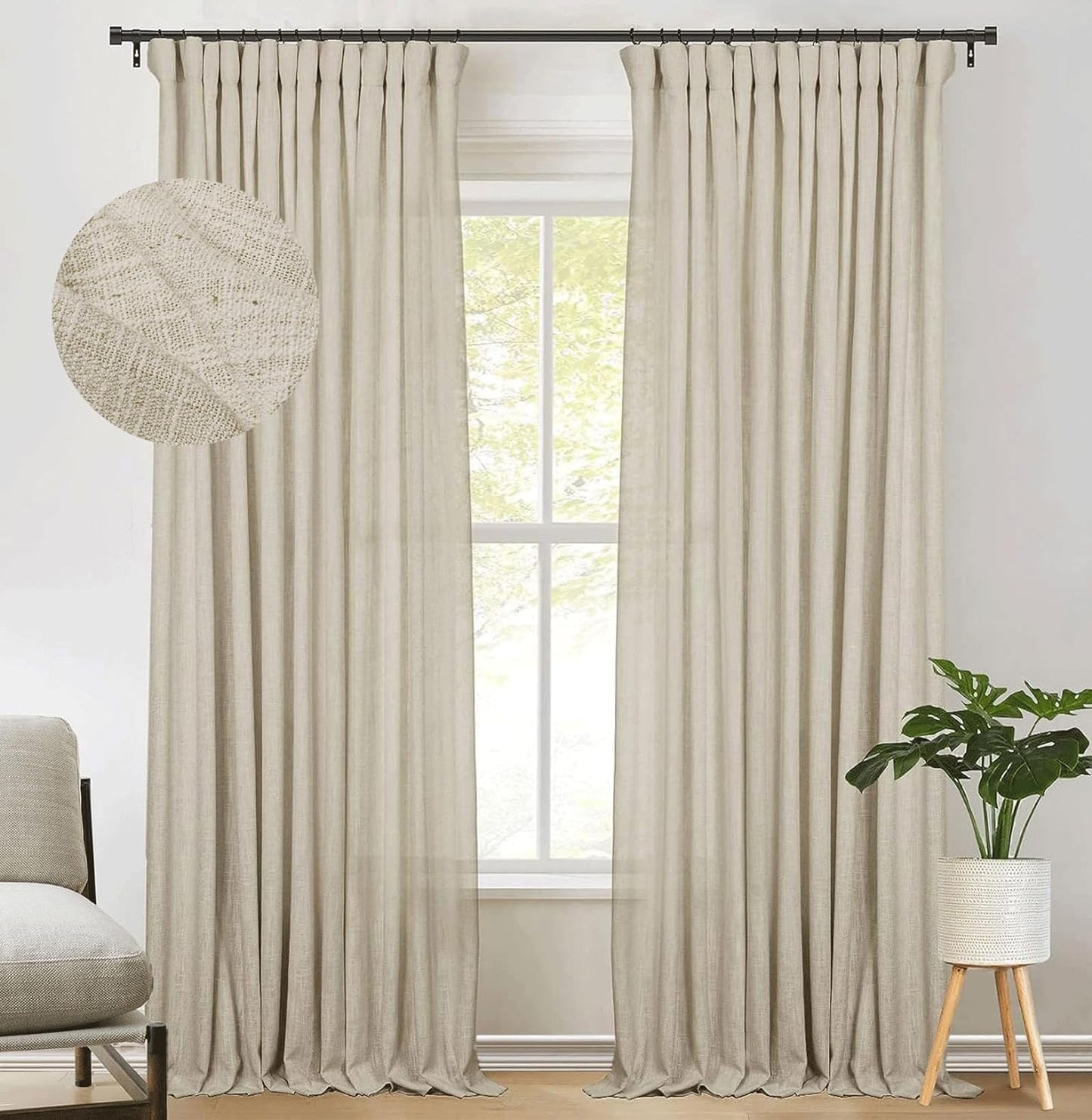 Zeerobee Beige White Linen Curtains for Living Room/Bedroom Linen Curtains 96 Inches Long 2 Panels Linen Drapes Farmhouse Pinch Pleated Curtains Light Filtering Privacy Curtains, W50 X L96  zeerobee 06 Dark Flax 50"W X 90"L 