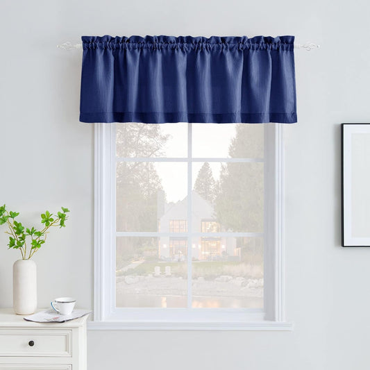 Navy Blue Valance Waterproof Bathroom Valance for Shower Windows Waffle Weave Rod Pocket Window Treatment Small Kitchen Curtains 60 Inch by 16 Inch